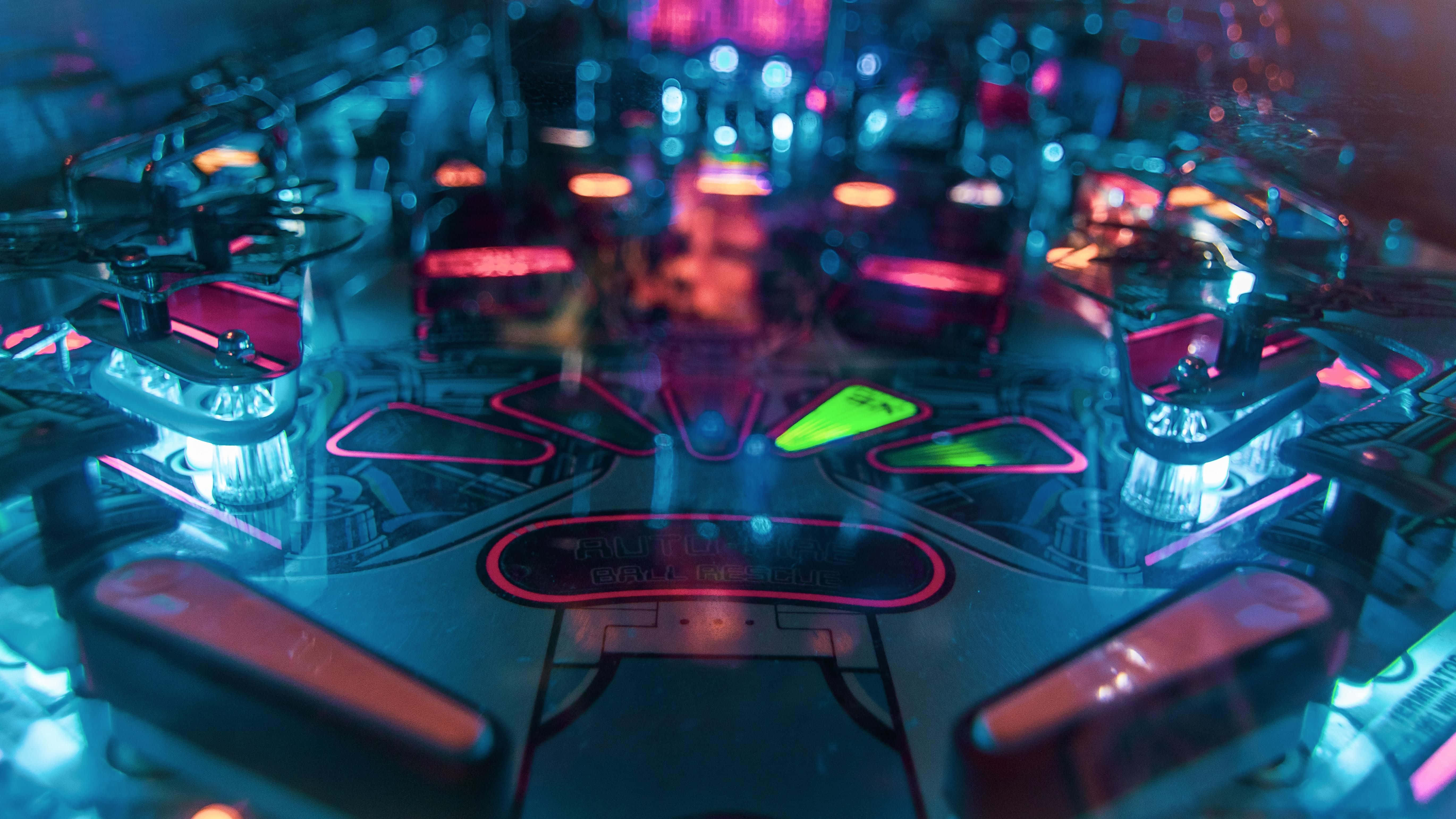 retro-inspired pinball machine, neon pink, neon blue, 5K Desktop Wallpaper