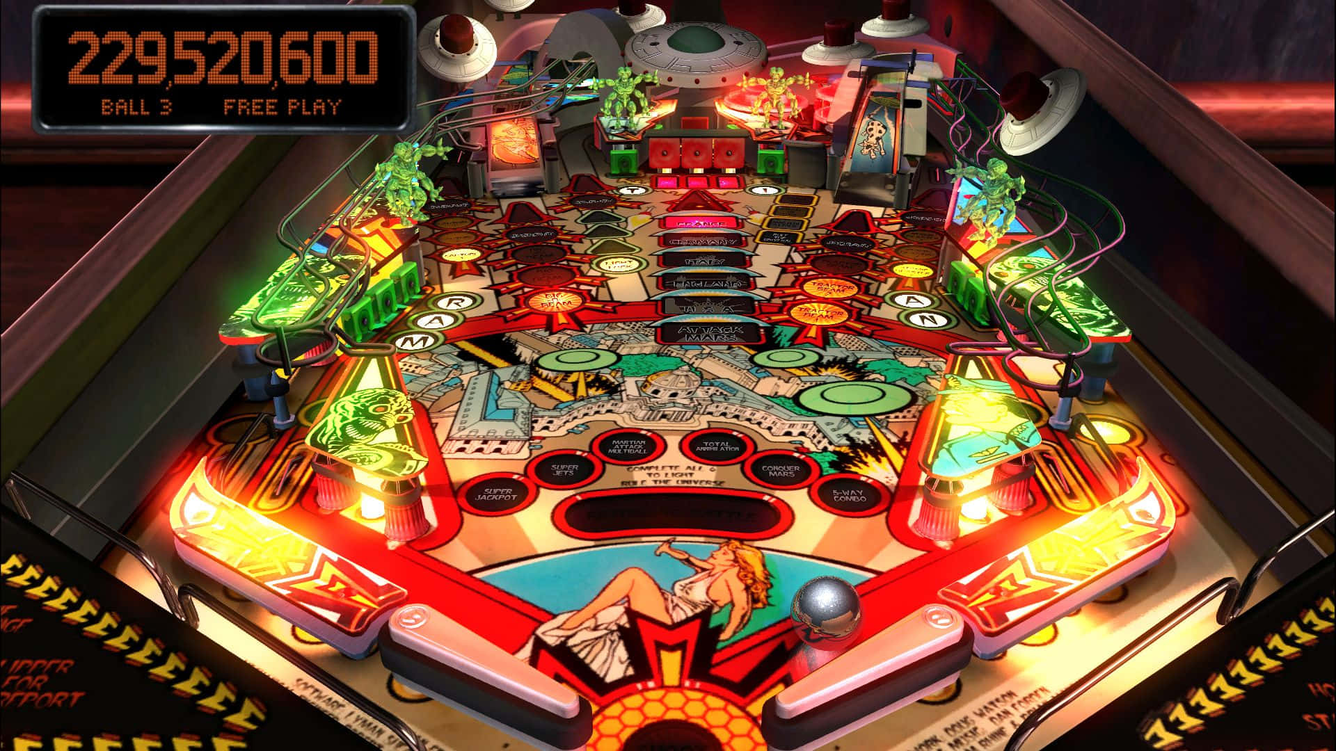 classic pinball machine, neon red green and yellow lights, score of 229520600, Full HD Desktop Wallpaper