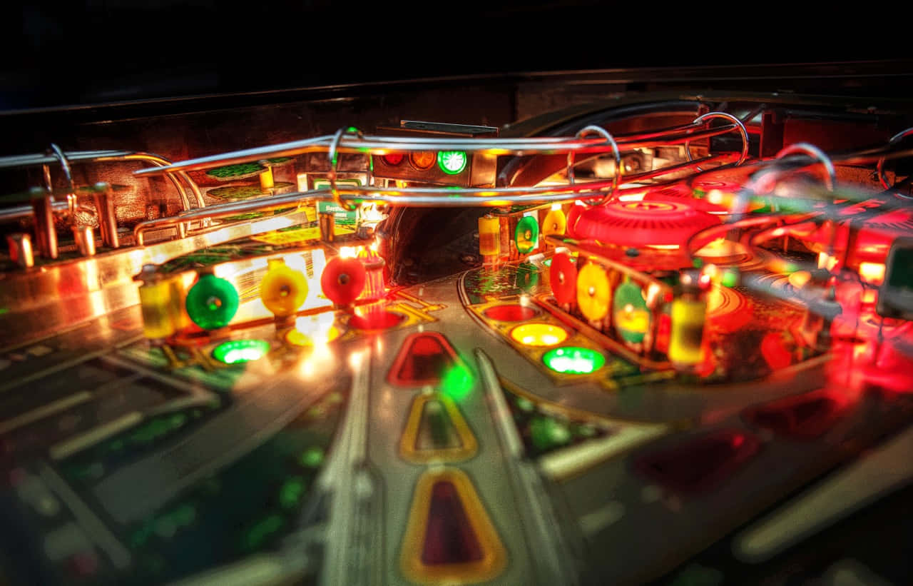 pinball machine, lit playfield, vibrant red green and yellow lights, HD Desktop Wallpaper