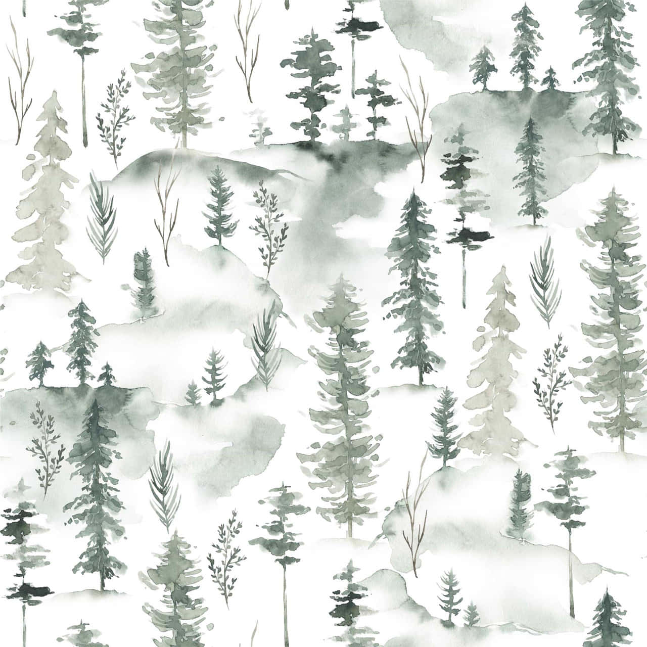 watercolor pine forest pattern, misty hills, evergreen trees, HD Desktop Wallpaper