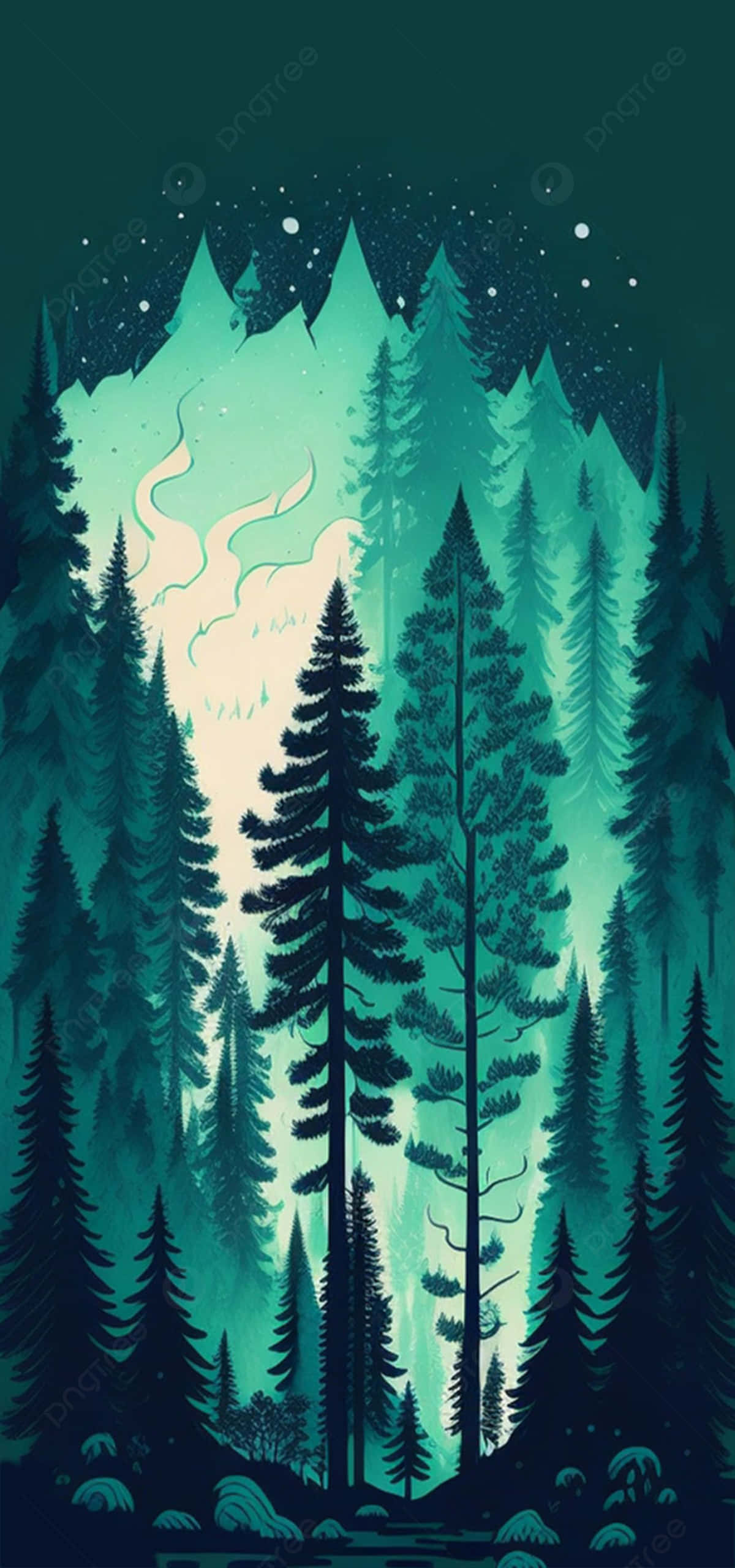 enchanted forest, night scene, tall pine trees, 2K Phone Wallpaper