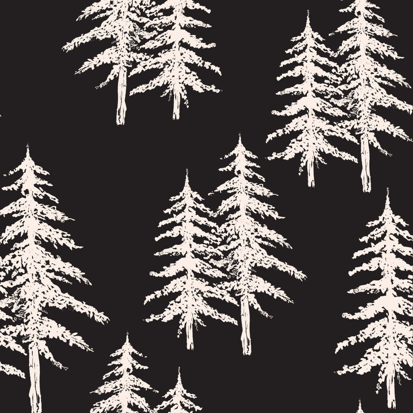 snowy pine trees pattern, white sketched pine trees, solid black background, HD Desktop Wallpaper