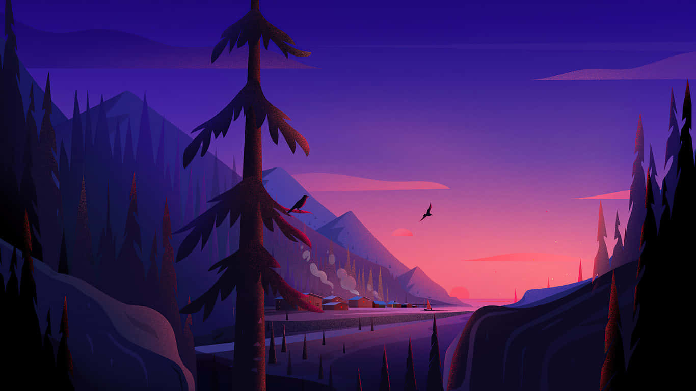purple and pink sunset, snowy mountains, lone pine tree, HD Desktop Wallpaper