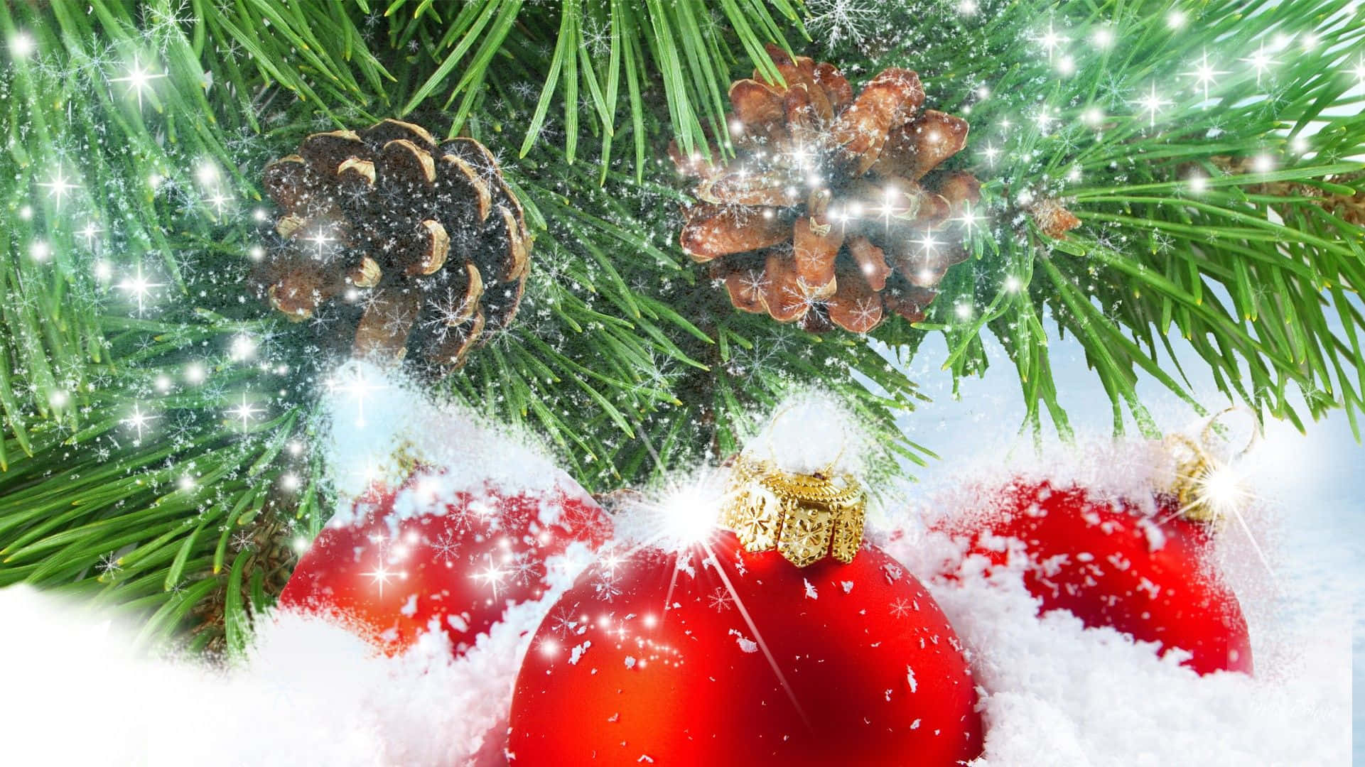 winter holiday, festive snowy landscape, vibrant red ornaments, Full HD Desktop Wallpaper