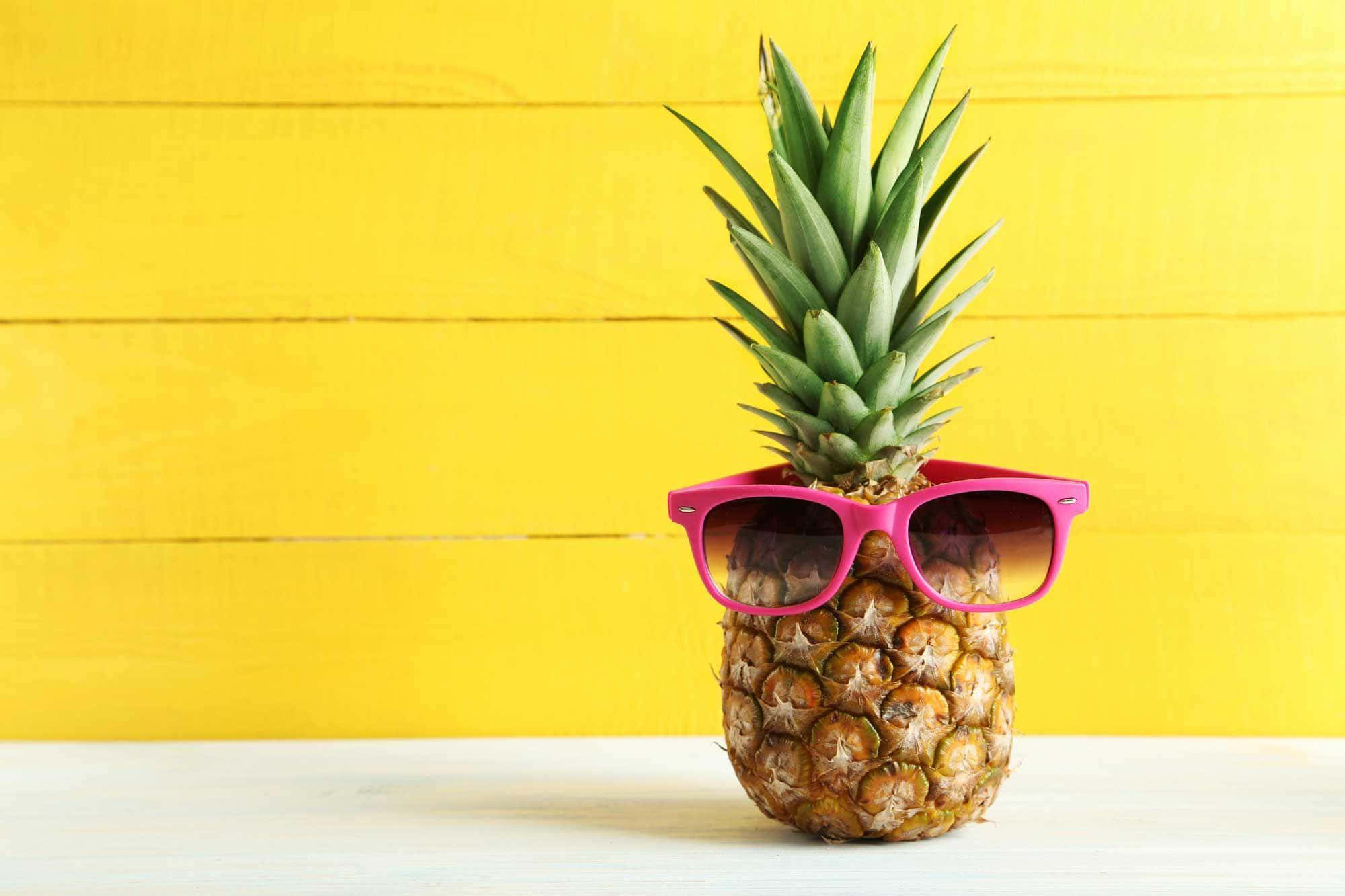 pineapple desktop, bright pink sunglasses, vibrant yellow wooden wall, Full HD Desktop Wallpaper