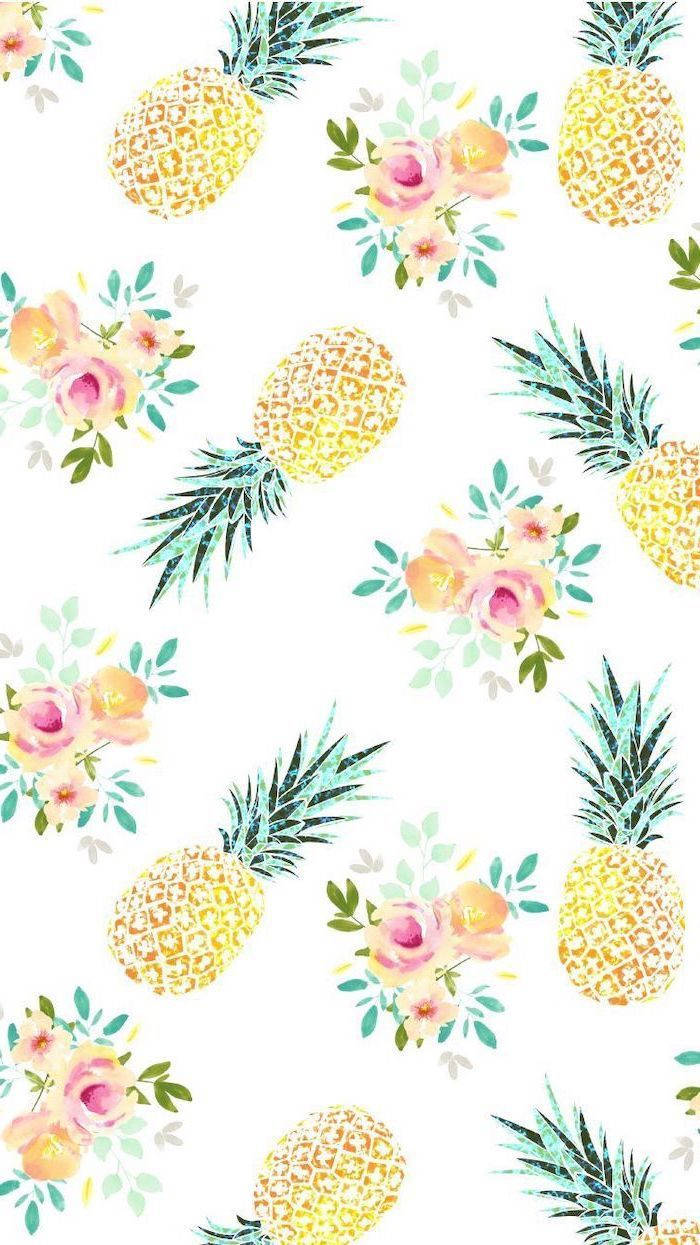 pineapple, flower, watercolor pattern, SD Phone Wallpaper