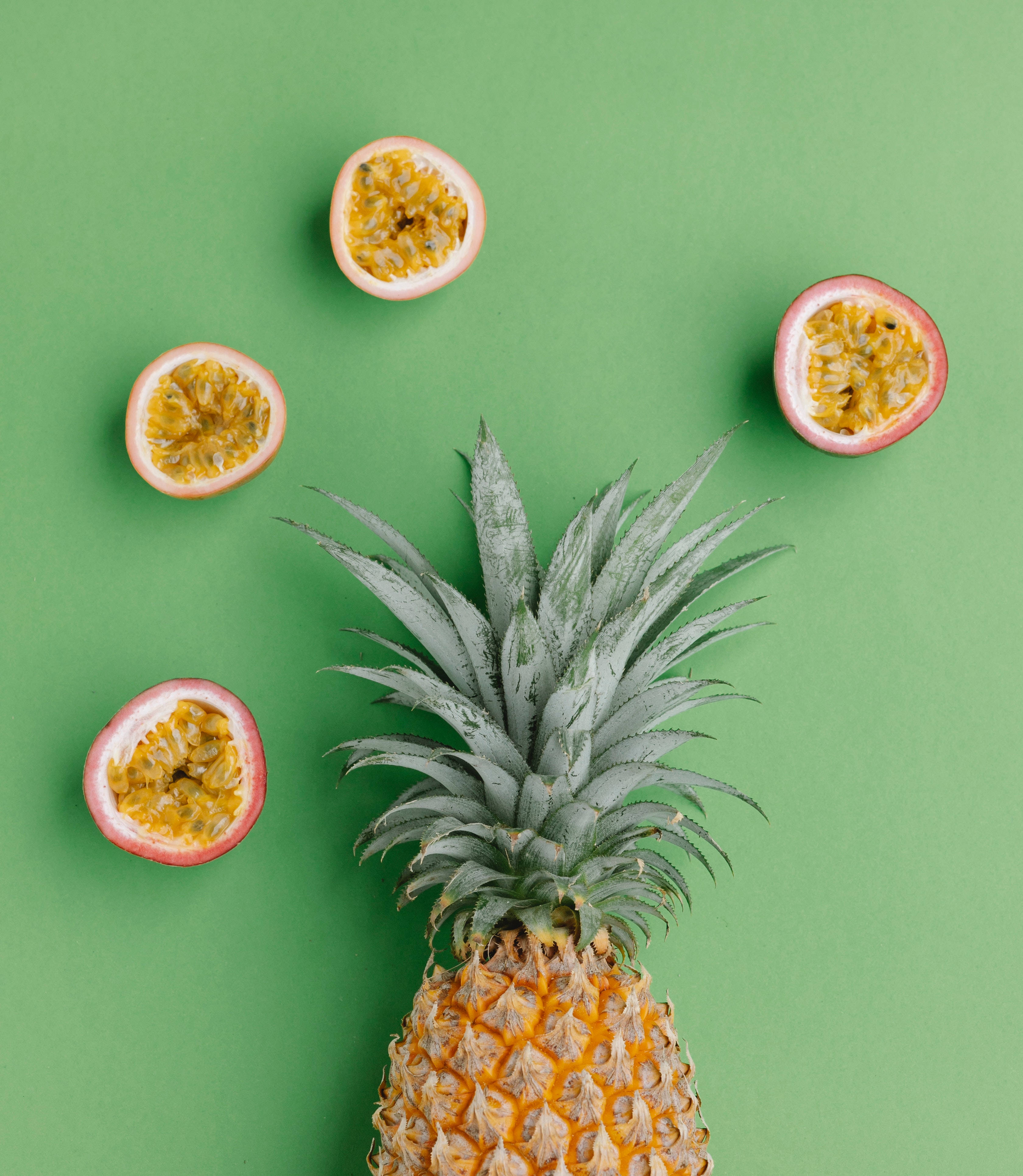 pineapple, passion fruit, flat lay shot, 4K Phone Wallpaper