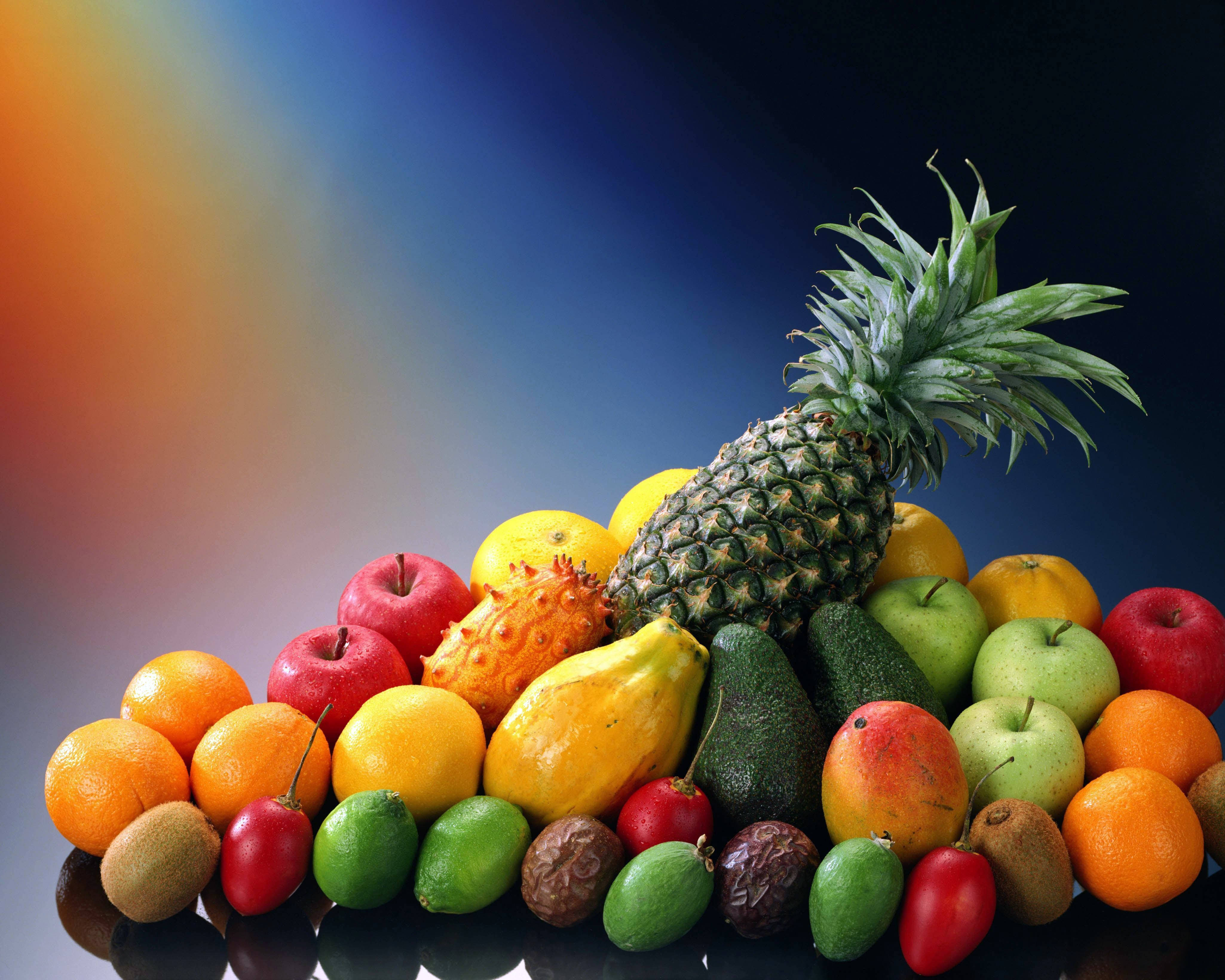rainbow gradient backdrop, tropical and citrus fruits, glossy pile, 4K Desktop Wallpaper