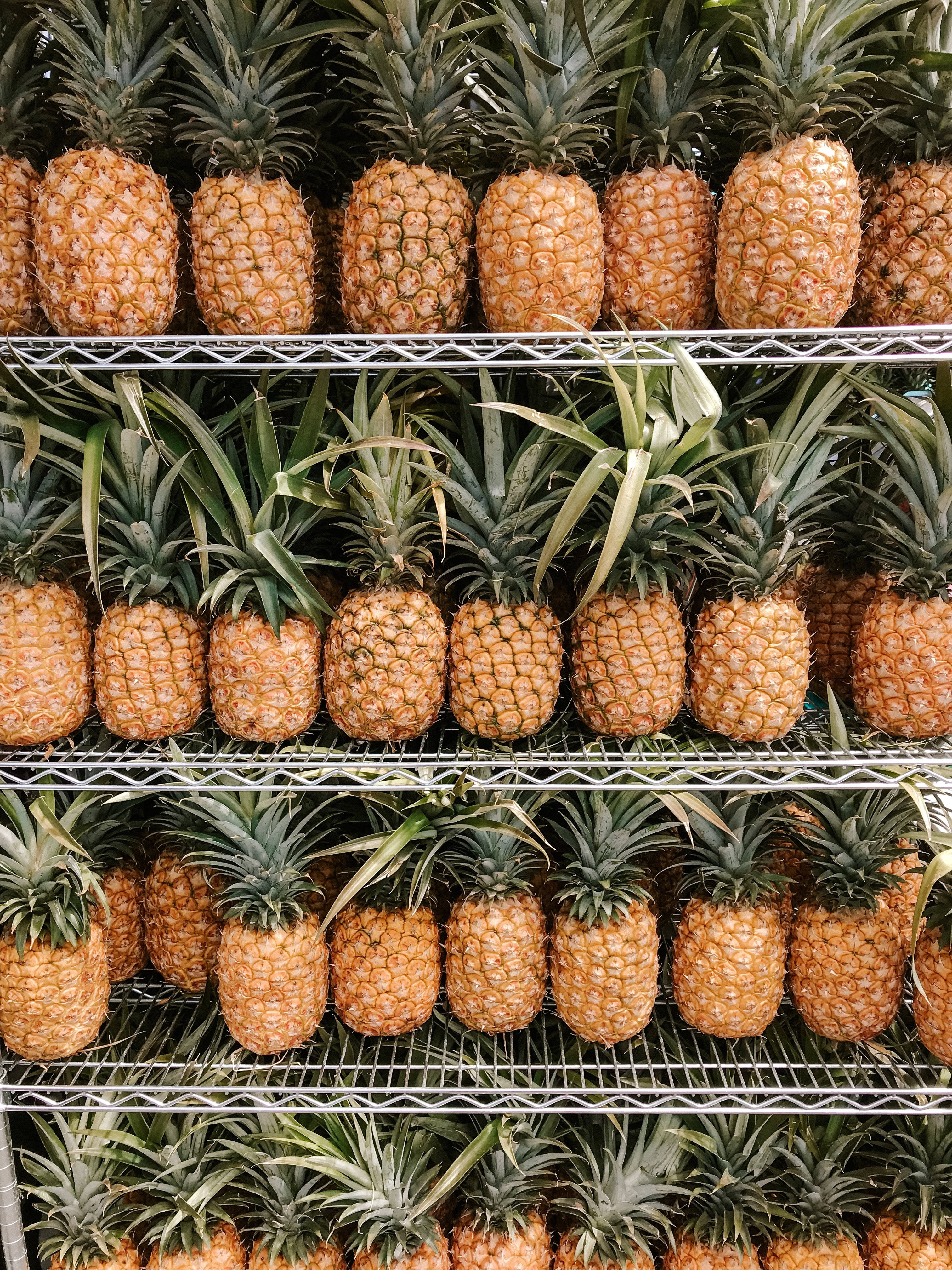 pineapple, metal shelves, market, 4K Phone Wallpaper