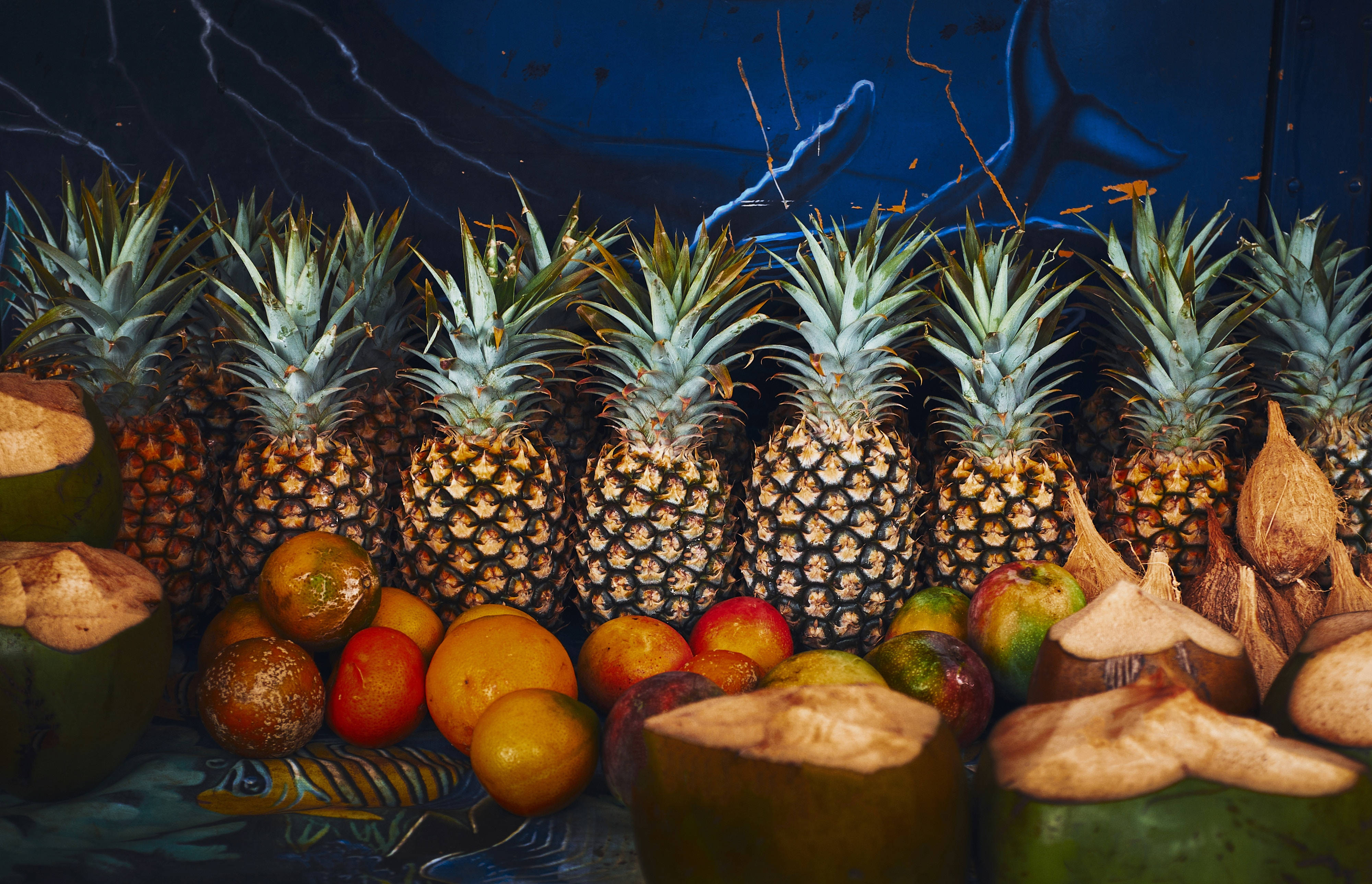 pineapples, coconuts, oranges, 4K Desktop Wallpaper
