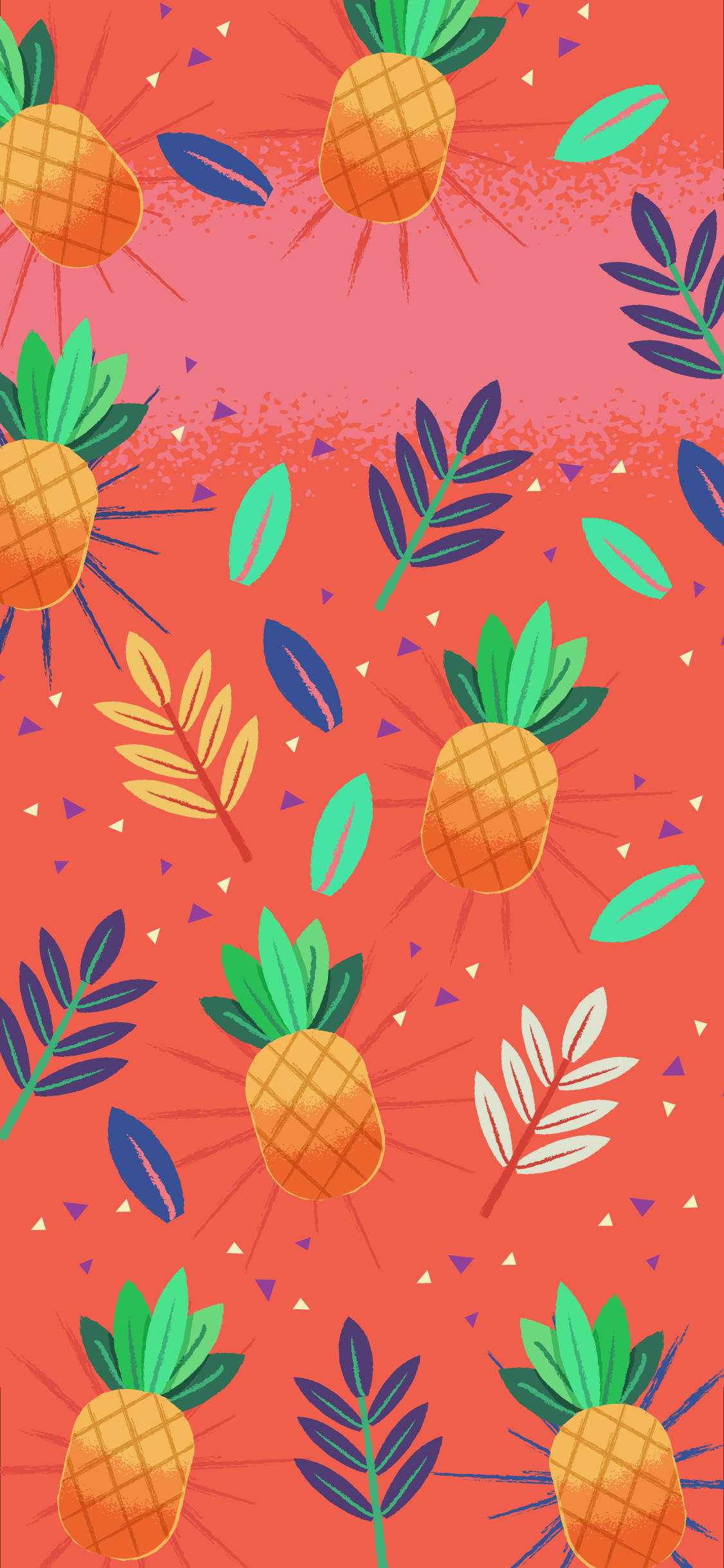 pineapple, leaves, red background, Full HD Phone Wallpaper