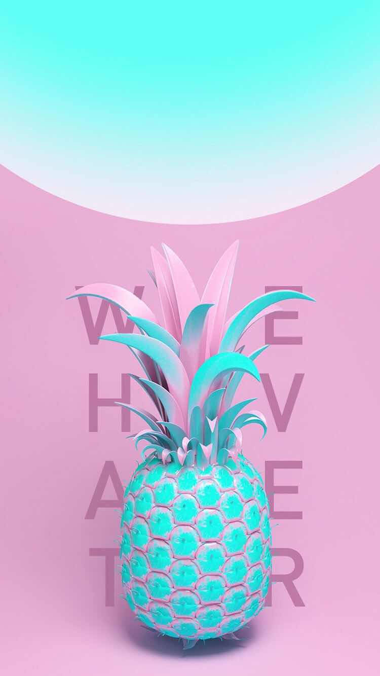 pineapple, turquoise pineapple, pink leaves, HD Phone Wallpaper