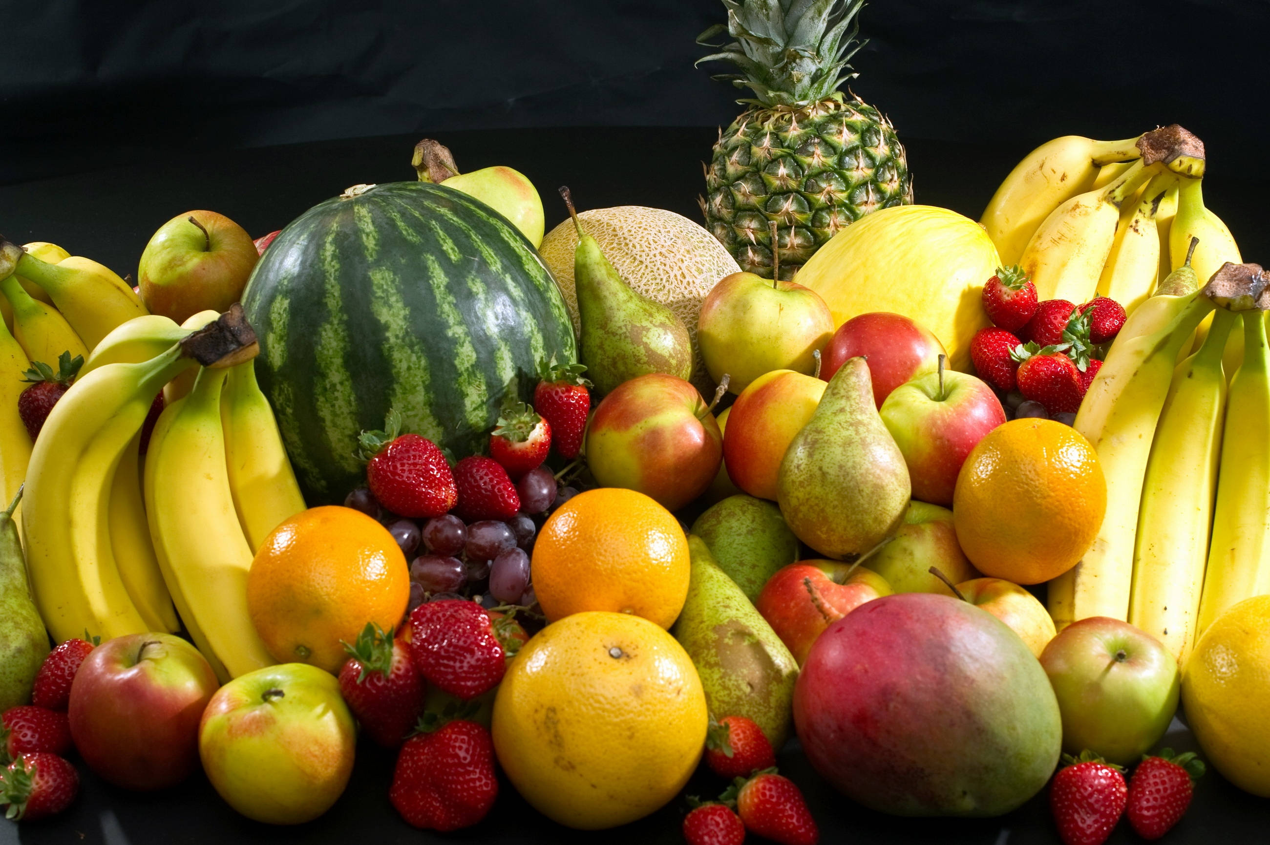 assorted fruits, exotic tropical fruits, ripe yellow pineapple, 2K Desktop Wallpaper