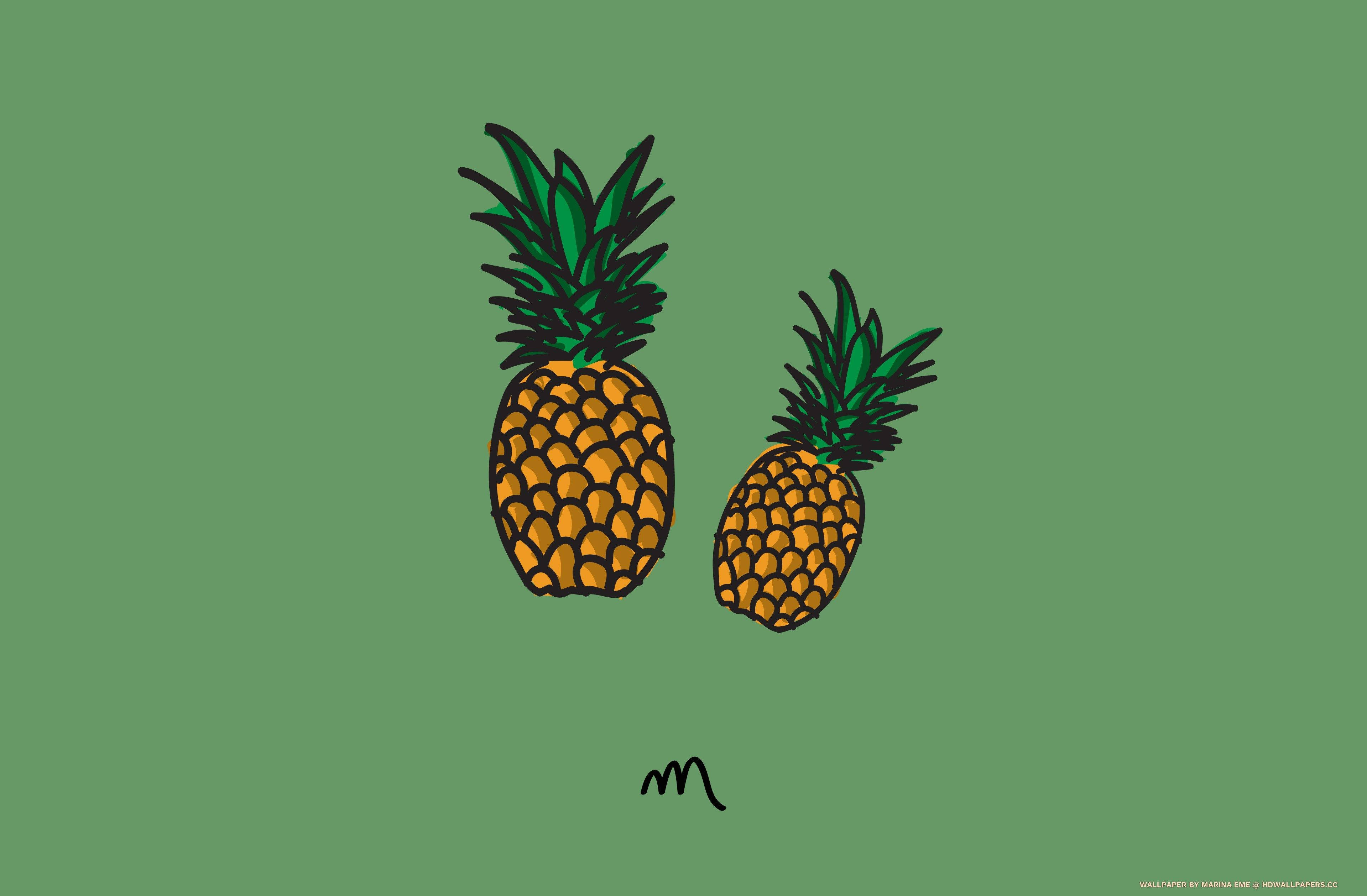pineapple, green backdrop, solid green background, 2K Desktop Wallpaper