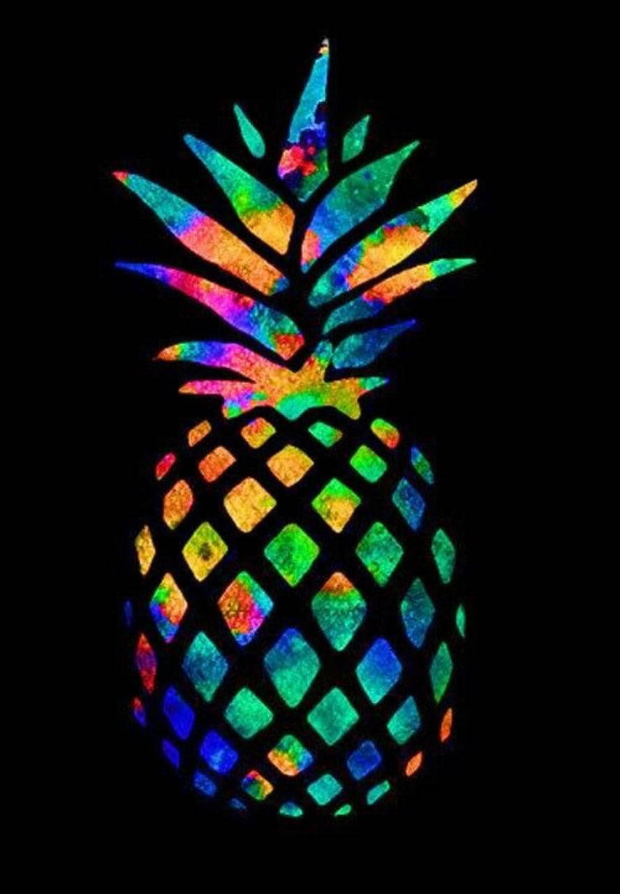 neon pineapple, rainbow tie-dye patterns, pure black background, HD Phone Wallpaper