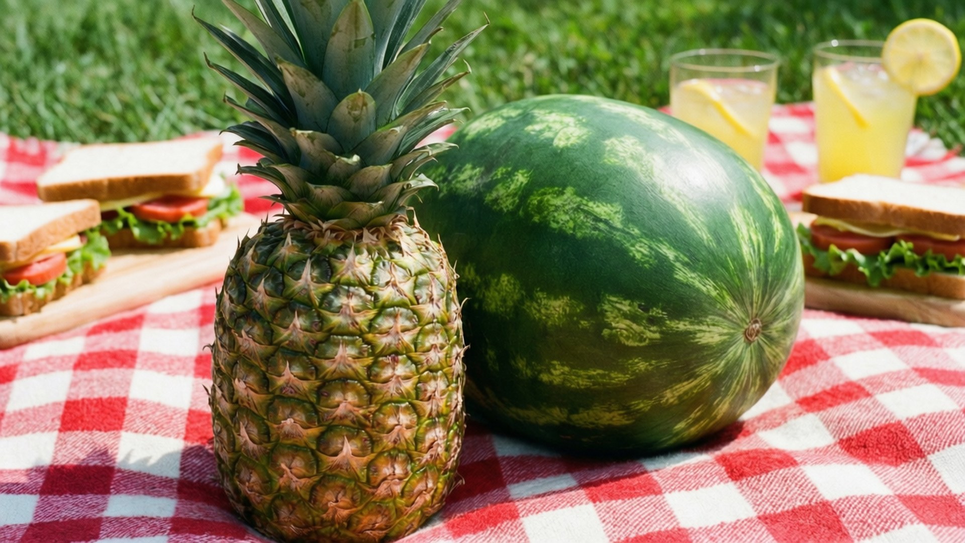 pineapple, watermelon, red and white checkered picnic blanket, Full HD Desktop Wallpaper