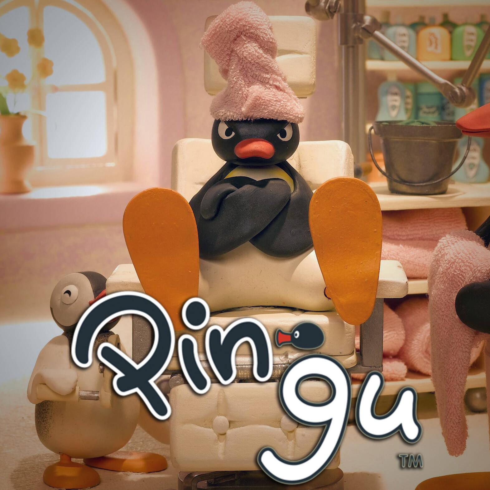 Pingu, pink towel, salon chair, HD Desktop Wallpaper