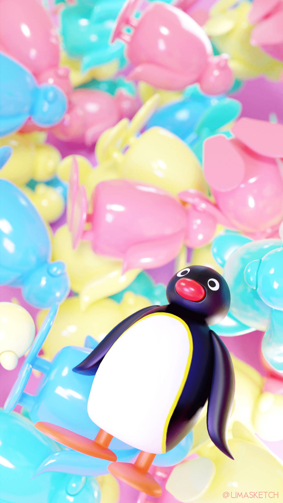 Pingu, 3d penguin toy, colorful pastel balloons, Full HD Phone Wallpaper