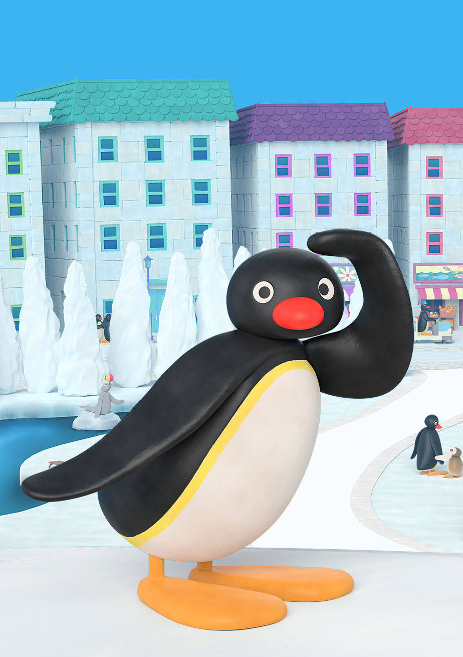 Pingu, snowy town, colorful buildings, HD Phone Wallpaper