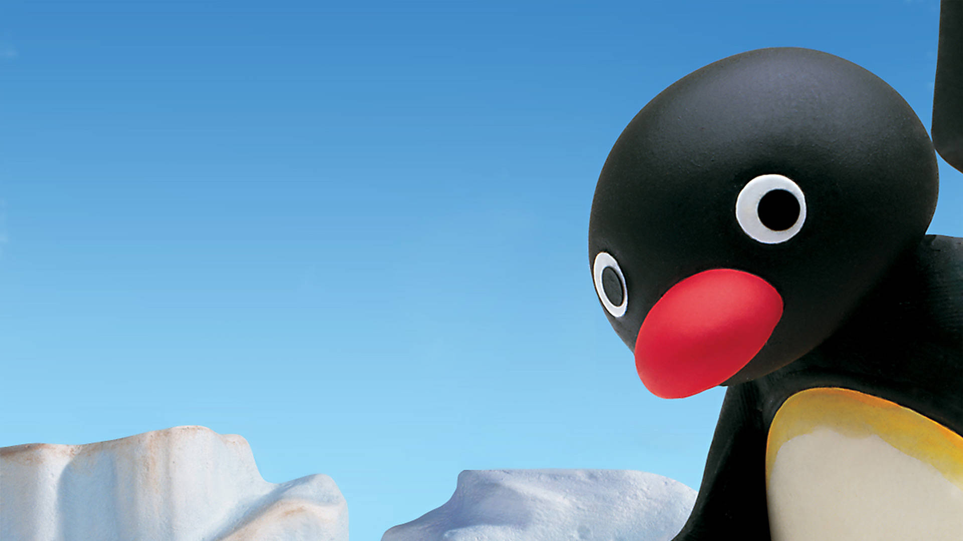 Pingu, snowy ice, clear blue sky, Full HD Desktop Wallpaper