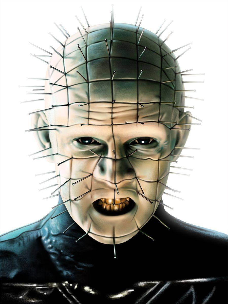 Pinhead, pins embedded in his face and head, stark white background, SD Phone Wallpaper