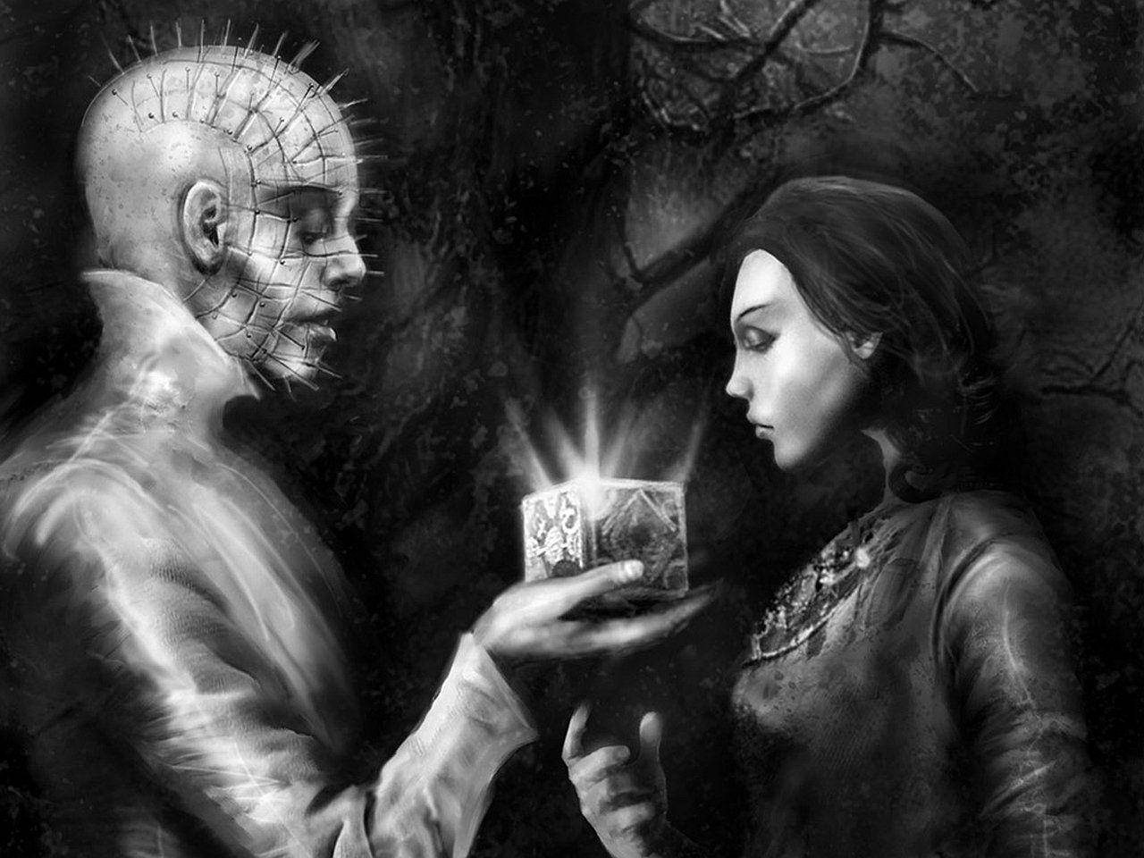 Pinhead, black and white comic art, glowing box, HD Desktop Wallpaper