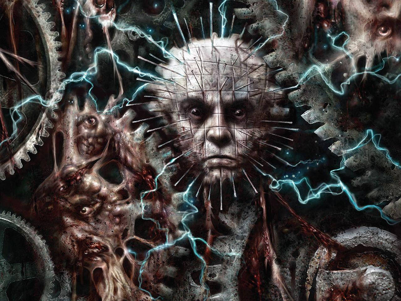 Pinhead, gears, electric blue lightning, HD Desktop Wallpaper