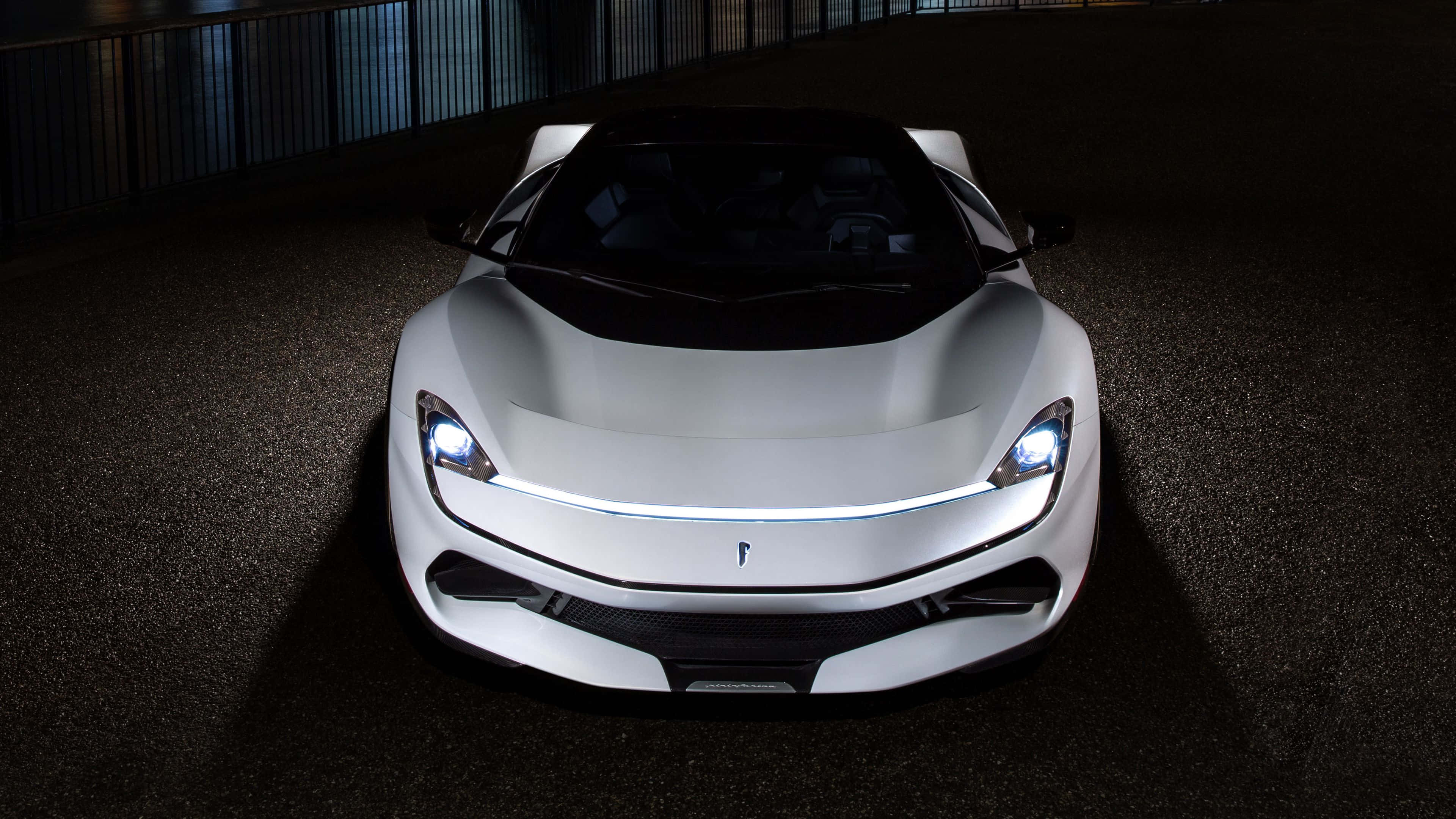 Pininfarina, sleek white sports car, glowing headlights, 4K Desktop Wallpaper