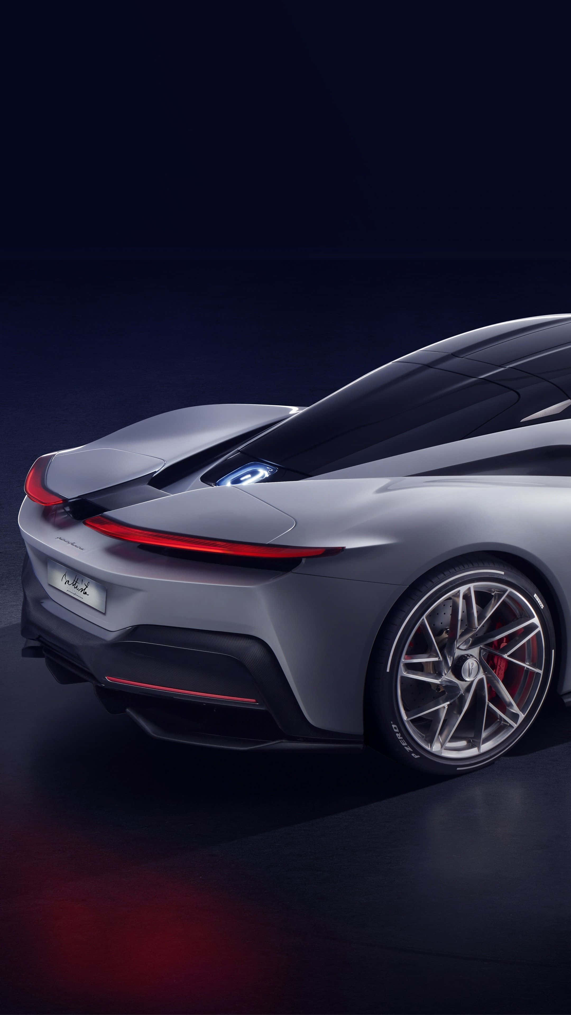 Pininfarina, sleek silver sports car, glowing red taillights, 4K Phone Wallpaper