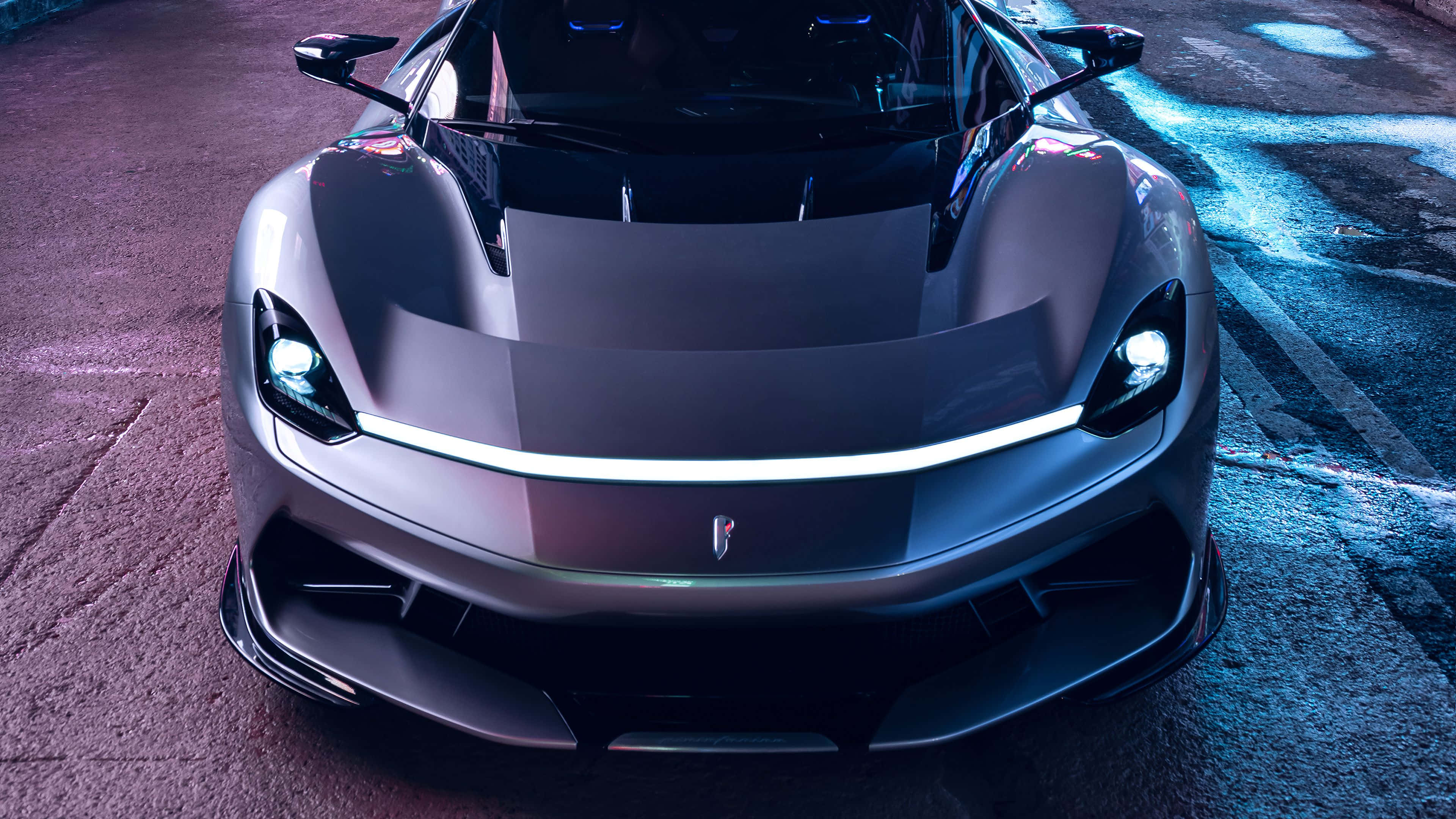 Pininfarina, matte gray, glowing headlights, 4K Desktop Wallpaper