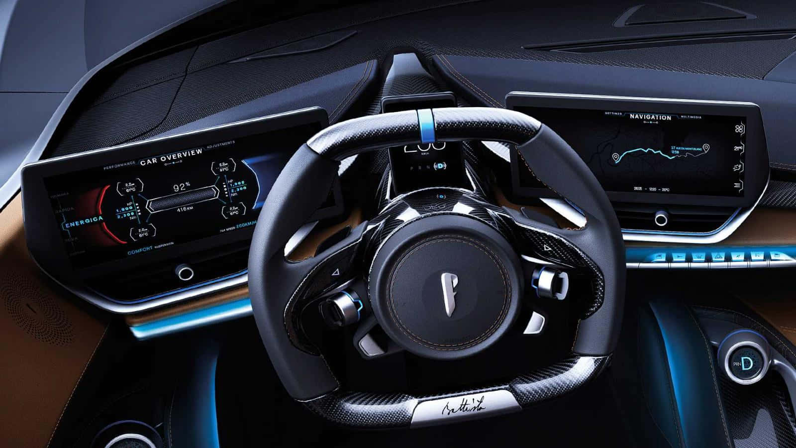 Pininfarina, 1600 x 900, digital dashboard glowing blue, HD Desktop Wallpaper