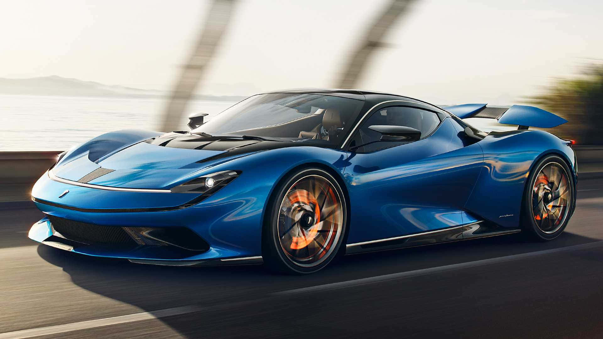 Pininfarina, sleek blue hypercar, coastal road, Full HD Desktop Wallpaper