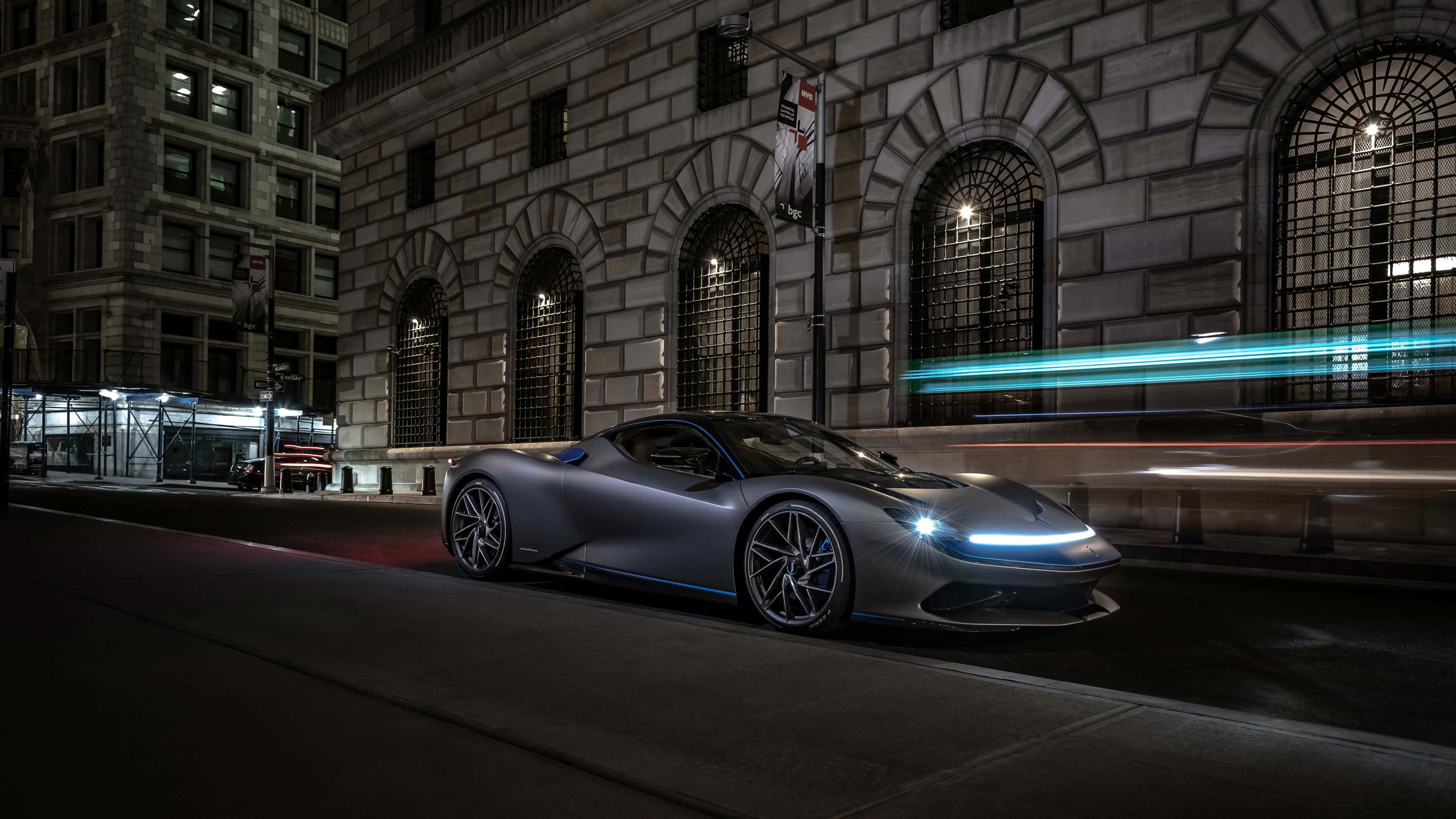 Pininfarina, silver, neon-lit city street, 4K Desktop Wallpaper