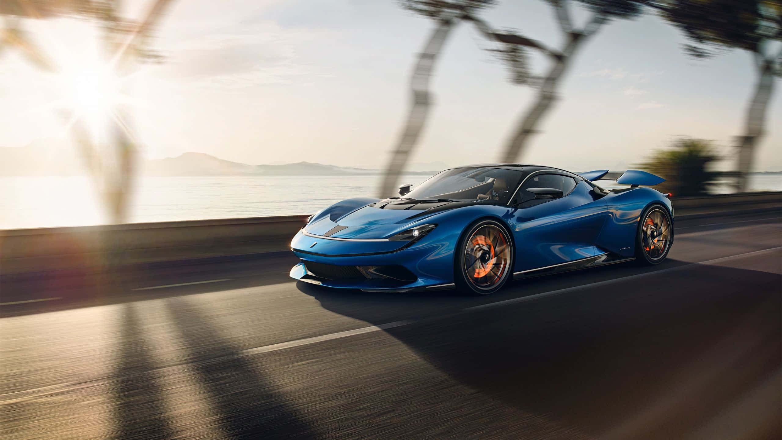 Pininfarina, sleek blue sports car, coastal road, 2K Desktop Wallpaper