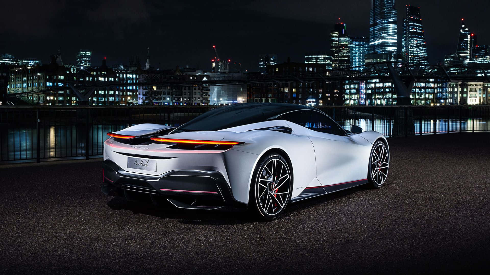 Pininfarina, sleek silver sports car, glowing orange taillights, Full HD Desktop Wallpaper