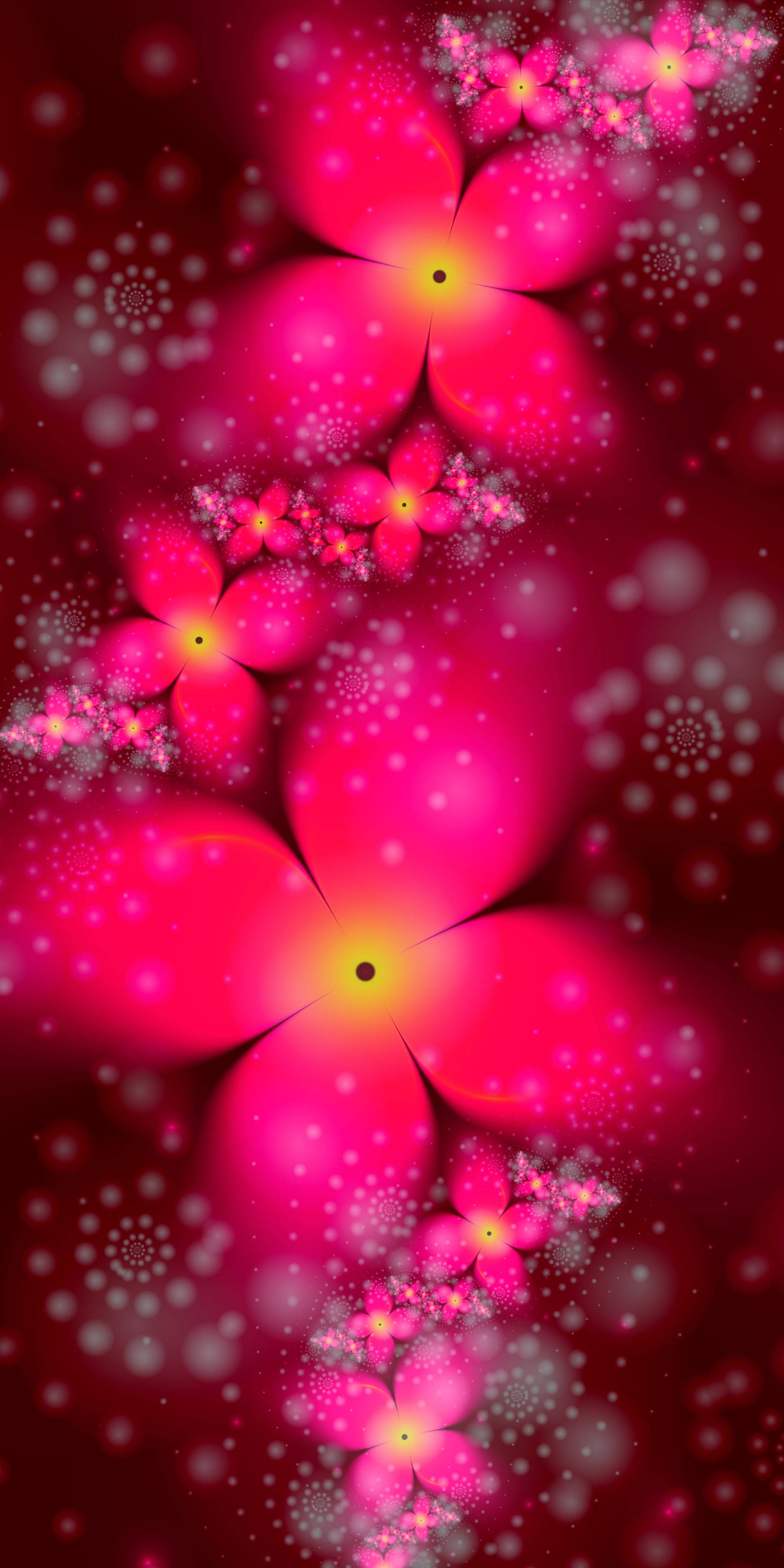 Pink 3d iPhone, vibrant pink fractal flowers, glowing yellow centers, 4K Phone Wallpaper