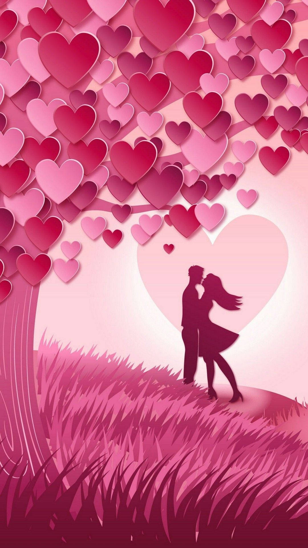 Elegant Pink 3D iPhone Design, couple kissing, heart-shaped tree, Full HD Phone Wallpaper