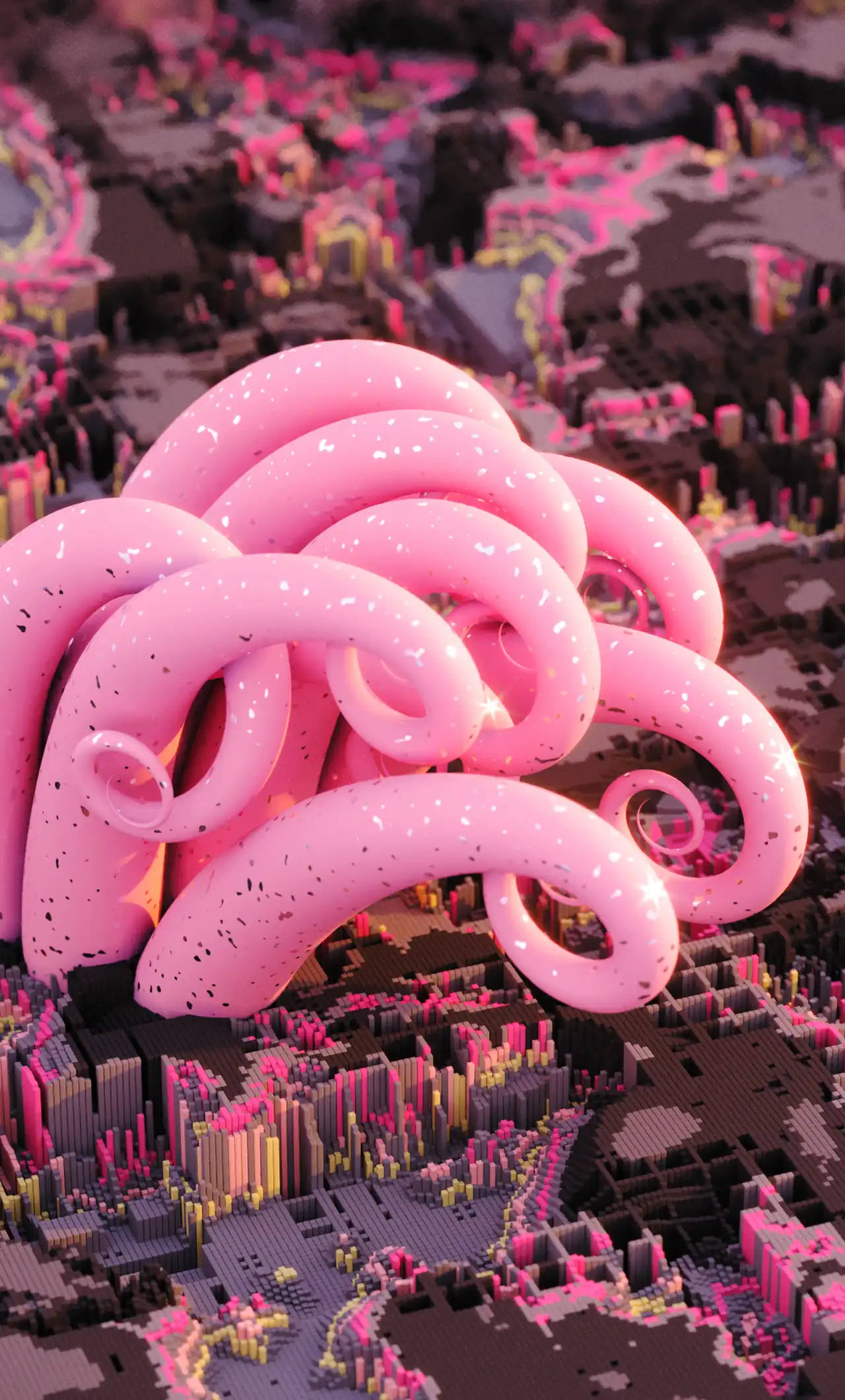 Pink 3d iPhone, glowing pink tentacled creature, blocky cityscape, Full HD Phone Wallpaper