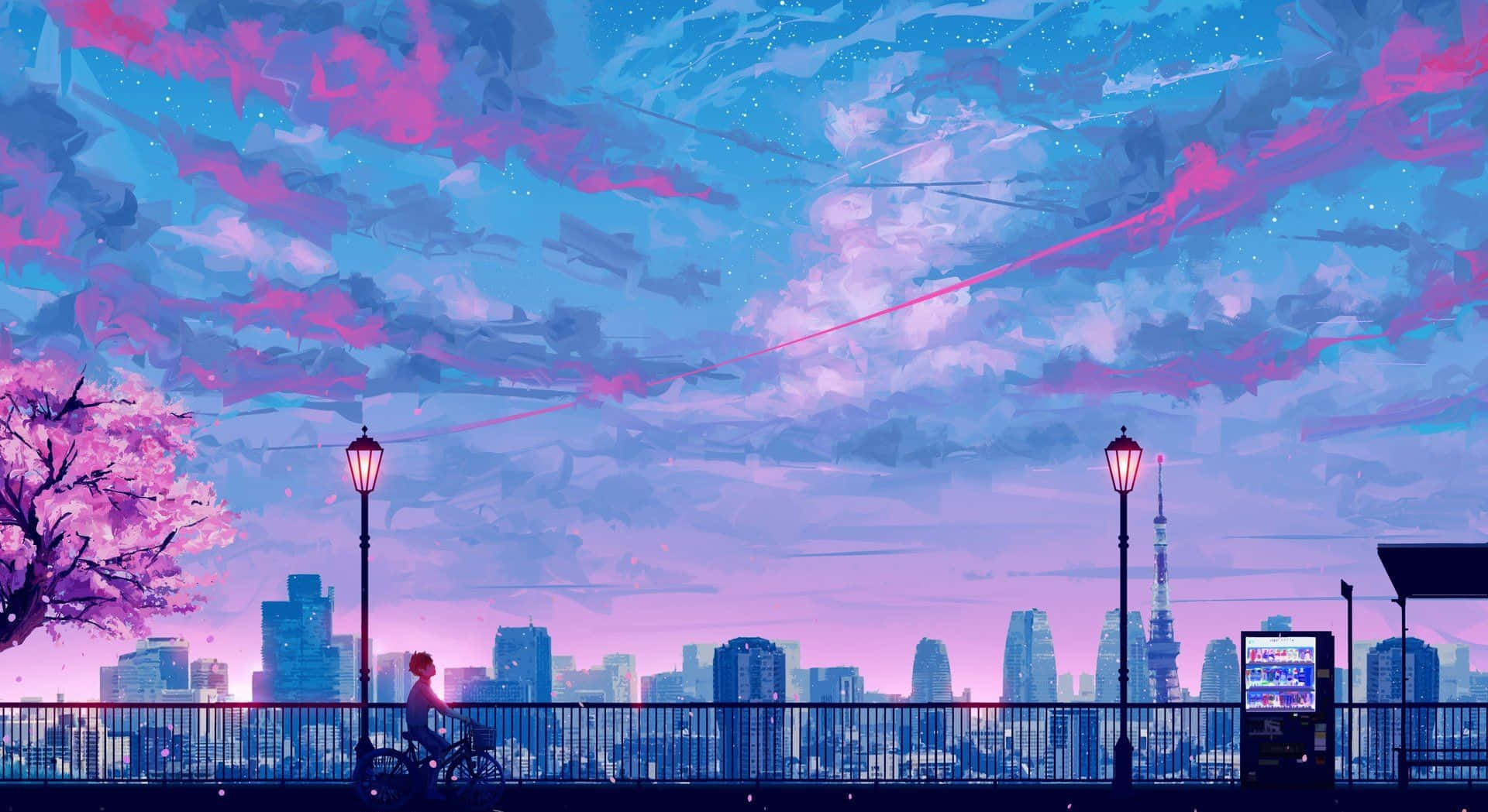 pink 90s aesthetic, vibrant pink and blue twilight sky, glowing cityscape, Full HD Desktop Wallpaper