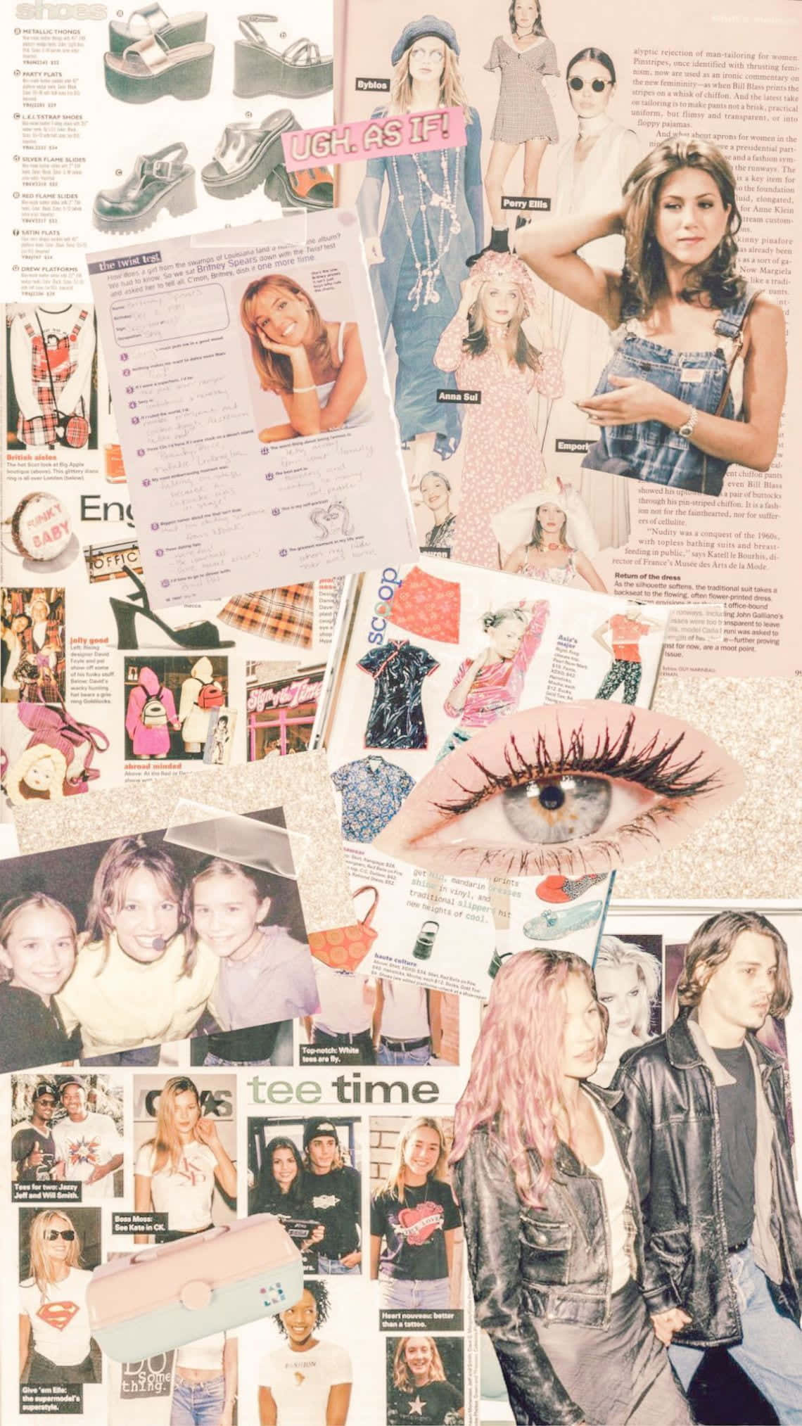90s fashion magazine clippings, teens, denim overalls, Full HD Phone Wallpaper