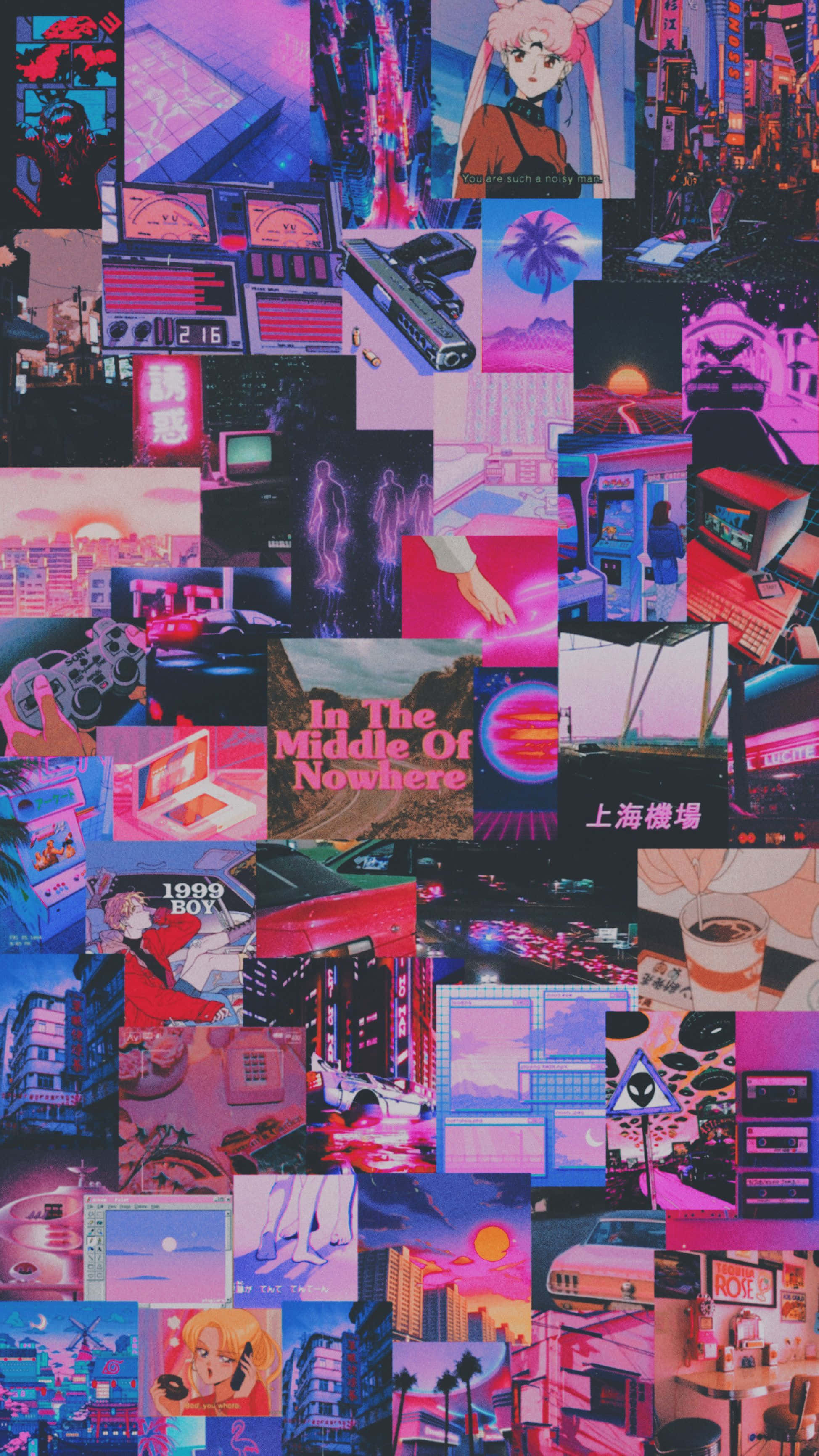 Pink 90s Aesthetic, neon-drenched cityscapes, anime characters, 2K Phone Wallpaper