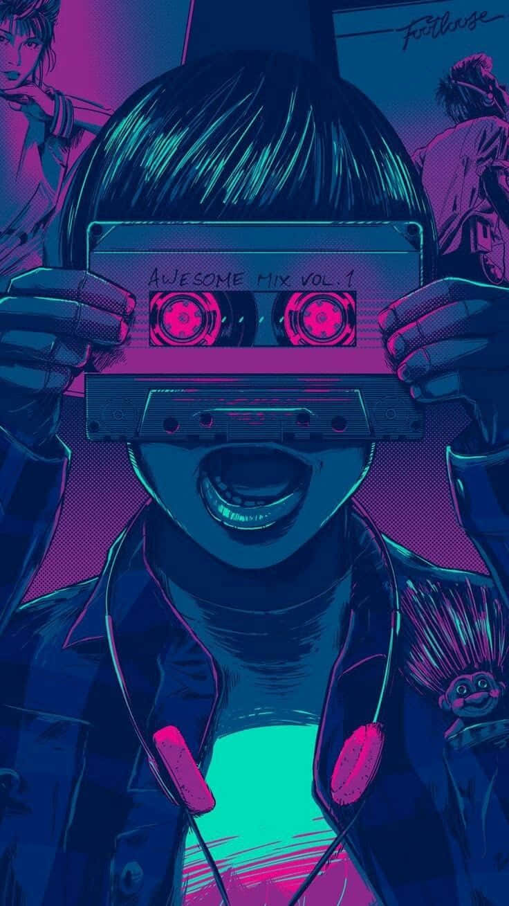 shinobi, glowing cassette tape, vibrant neon background, HD Phone Wallpaper
