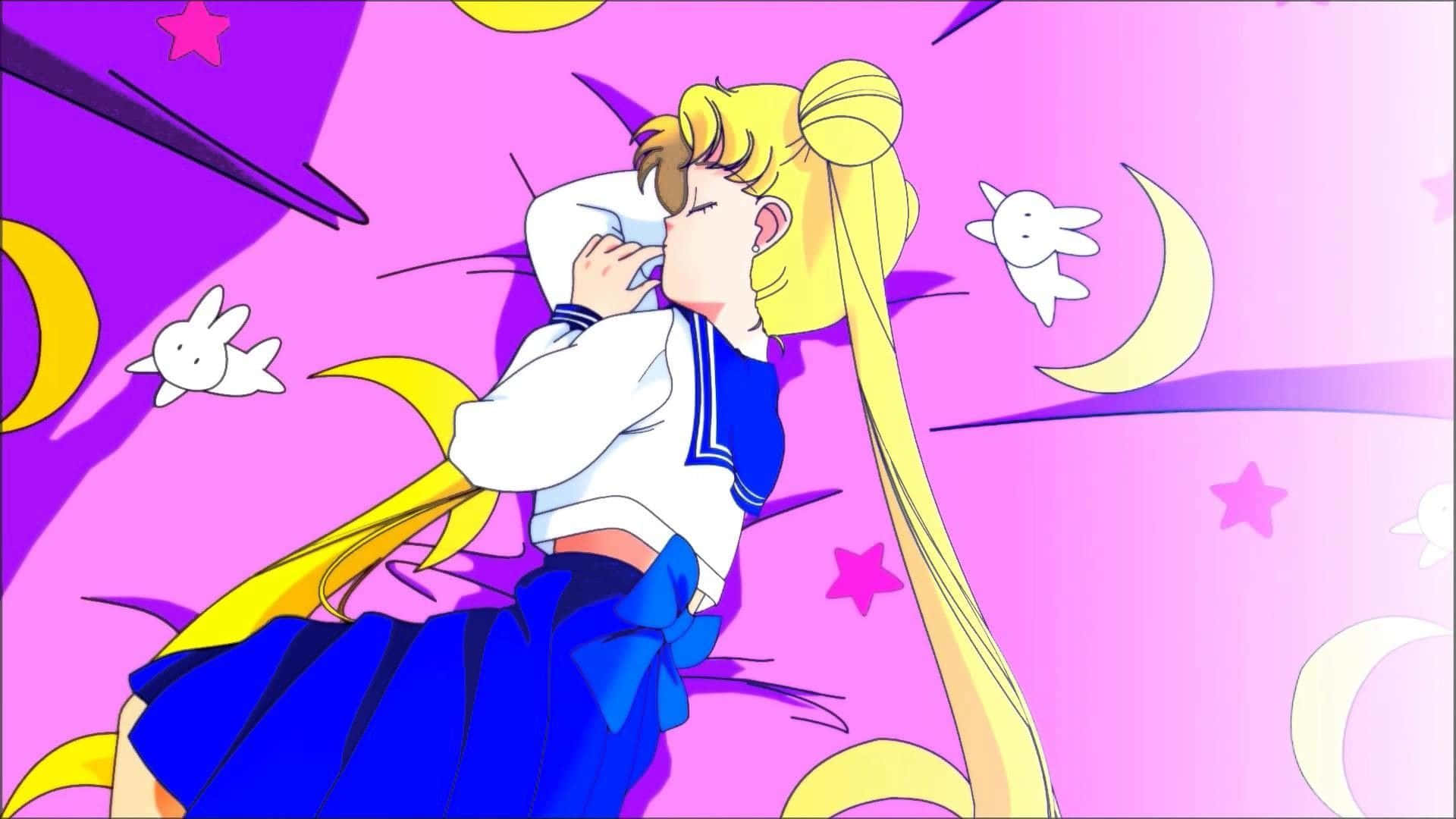 pink 90s aesthetic, anime girl, long blonde hair, Full HD Desktop Wallpaper