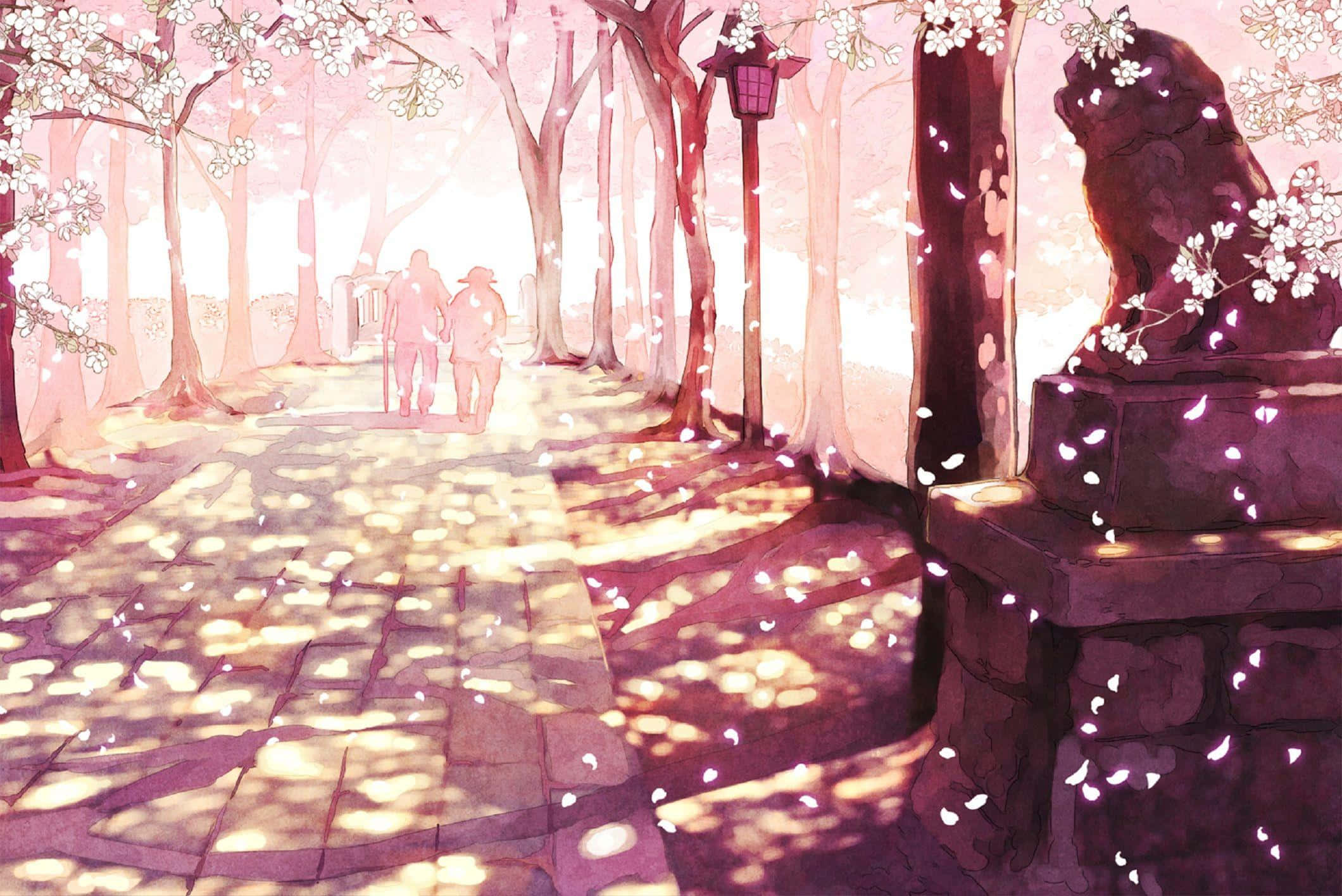 Pink 90s Aesthetic, cherry trees, falling petals, Full HD Desktop Wallpaper