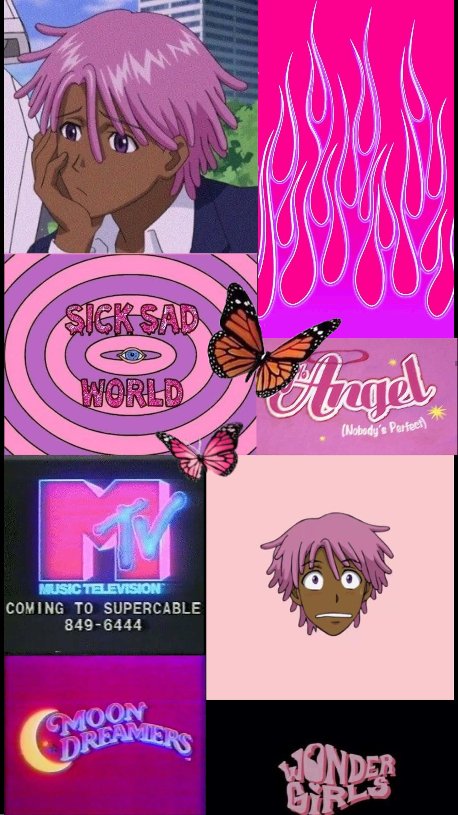 Pink 90s Aesthetic, pink-haired characters, neon logos, 2K Phone Wallpaper