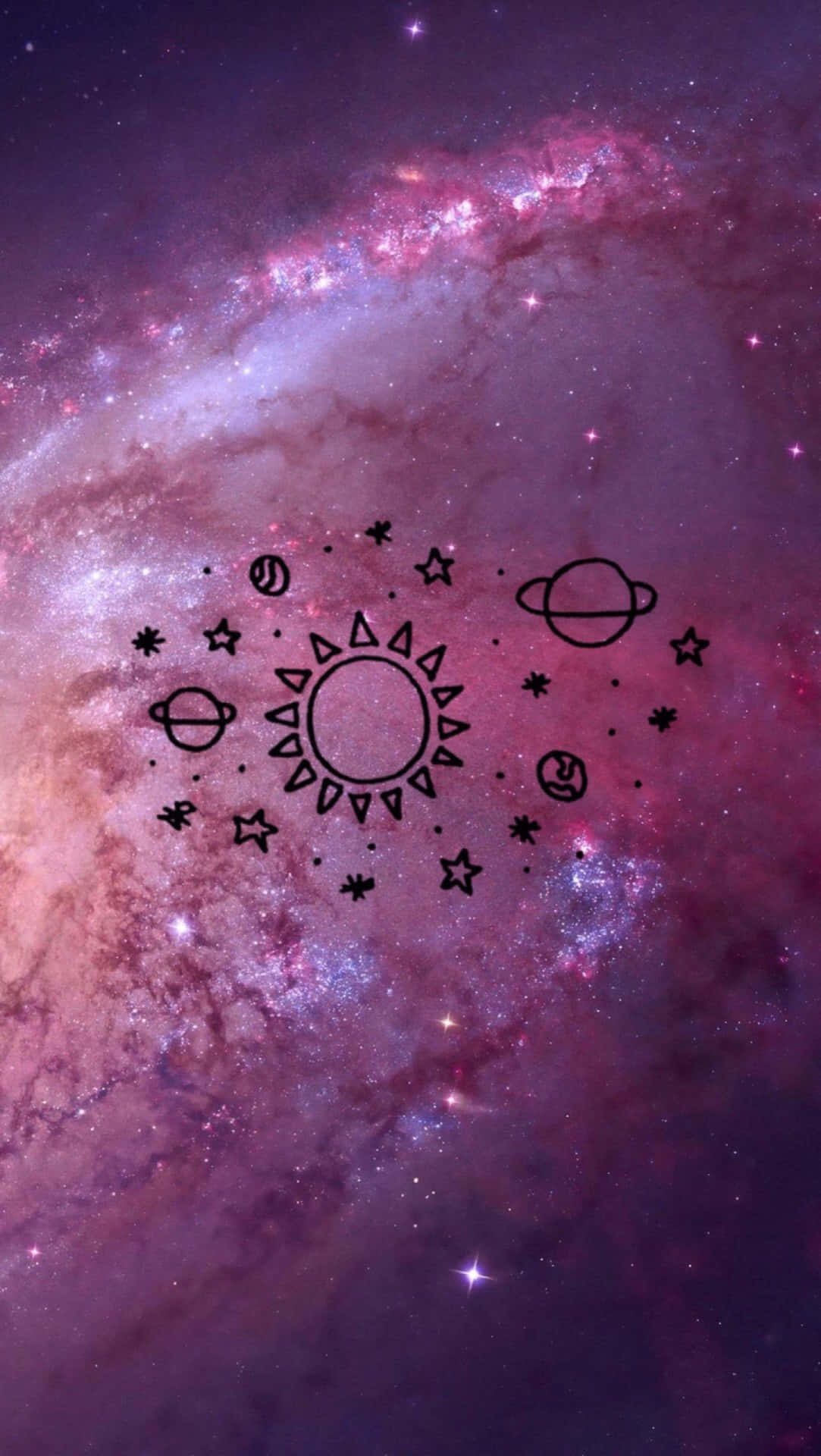 vibrant purple galaxy, black line art, sun, Full HD Phone Wallpaper