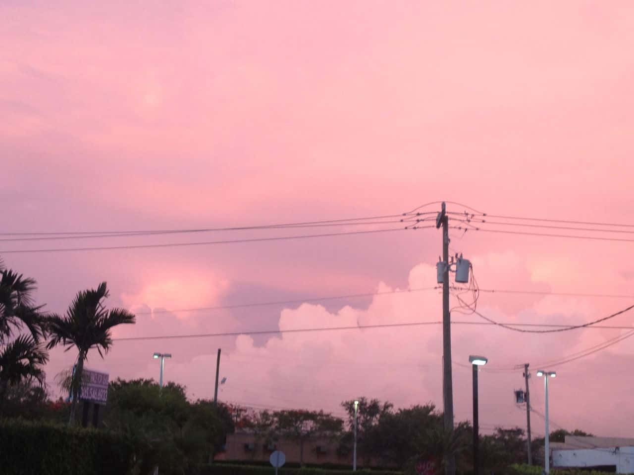 Pink sunset sky, fluffy clouds, power lines, HD Desktop Wallpaper