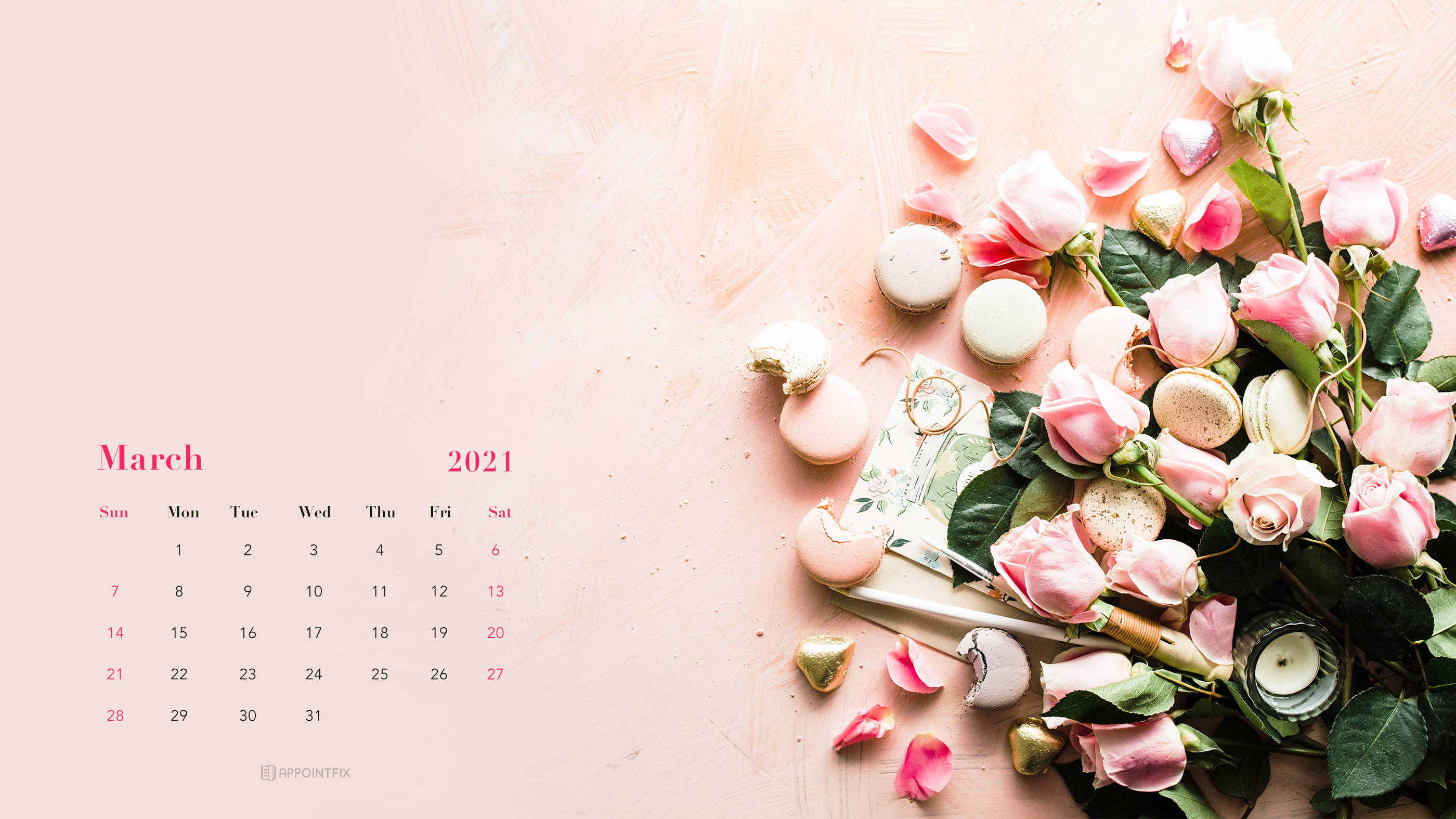 March 2021 calendar, soft pink, pink roses, 2K Desktop Wallpaper