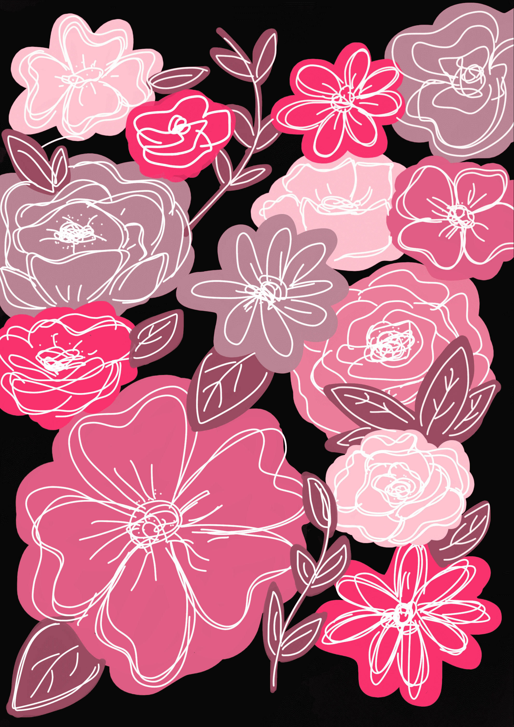 pink flowers, mauve flowers, white outlines, 2K Phone Wallpaper