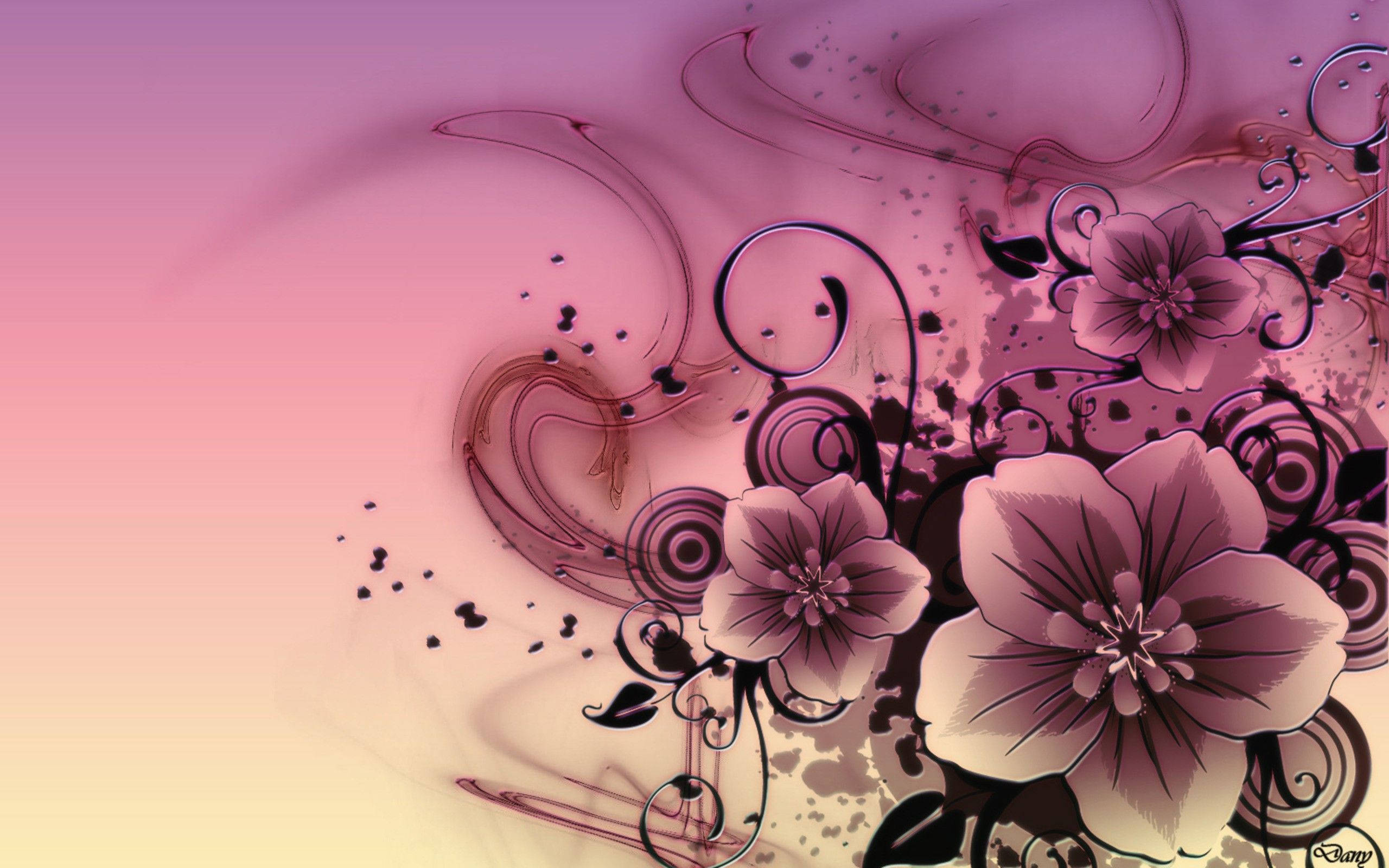 Basic Flower Art Pink, purple flowers, swirling vines, 2K Desktop Wallpaper